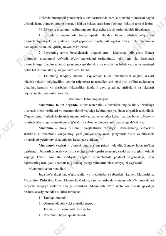 bajarish (masala yechish, savolga javob topish) jarayonida ziddiyatni anglash tufayli vujudga keladi. ana shu ziddiyatni anglash o’quvchilarda predmet to’g’risidagi, ishni bajarishning usuli yoki shartlari to’g’risidagi yangi bilimlarni izlash ehtiyojini uyg’otadi. muammoli ta'lim metodlari juda ko’p didaktlar, o’qituvchilar va metodistlar (babanskiy, lerner, matyushkin, maxmutov, pishkalov, okon, fleminch, markov, sani va boshqalar) muammoli ta'lim masalalari bo’yicha tadqiqot ishlarini amalga oshirdilar. muammoli ta'lim metodlari orasida quyidagi beshtasi asosiy metodlar sifatida farqlanadi: 1. tadqiqot metodi. 2. qisman izlanish yoki evristika metodi. 3. tushuntirish, namoyish etish metodi. 4. muammoli bayon qilish metodi. 5. reproduktiv metod. 6. muammoli boshlash bilan bayon qilish metodi. savol va topshirilar: 1.muammo nima х 2.muammoli ta`lim deganda nimani tushunasiz. 3.muammoli vaziyatlar xaqida gapiring 4.muammoli ta`limning besgta sosiy metodlarini sanang va tarflang. 12-mavzu. programmalashtirilgan ta’lim. reja: 1. programmalashtirilgan ta'lim mohiyati. 2. programmalashtirilgan ta'limning metodlari. 3. programmalashtirilgan o’qitish mashinasi. 4. maktabda komp'yuterni qo’llash usullari. tayanch tushunchalar: ta`lim. programma. kompuyuter. 1. programmalashtirilgan ta'lim o’qitishni …