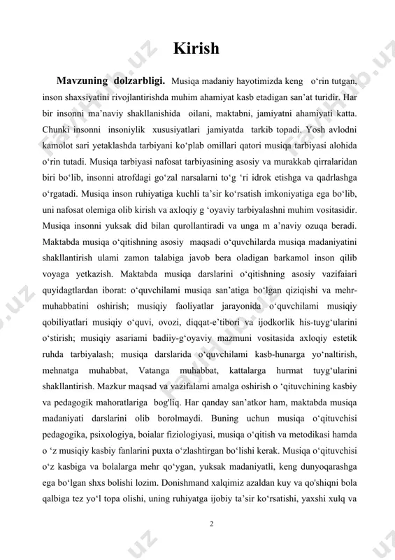 bda musiqa madaniyati darslarini olib borolmaydi. buning uchun musiqa o‘qituvchisi pedagogika, psixologiya, boialar fiziologiyasi, musiqa o‘qitish va metodikasi hamda o ‘z musiqiy kasbiy fanlarini puxta o‘zlashtirgan bo‘lishi kerak. musiqa o‘qituvchisi o‘z kasbiga va bolalarga mehr qo‘ygan, yuksak madaniyatli, keng dunyoqarashga ega bo‘lgan shxs bolishi lozim. donishmand xalqimiz azaldan kuy va qo'shiqni bola qalbiga tez yo‘l topa olishi, uning ruhiyatga ijobiy ta’sir ko‘rsatishi, yaxshi xulq va odob, mehr oqibat, sabr-toqat, kattalarga hurmat fazilatlarini musiqa orqali tarkib topishini azaldan anglab yetgan. oilada farzandni qo‘shiq aytishga, soz chalishga o‘rgatish ota-ona orzusi hisoblangan. bola musiqa bilan ona allasi orqali tanishib, musiqadan umrbod ozuqa oladi. chunki bola hali yurishni, so‘zlashni bilmay turib, musiqani eshitib, turli qo‘l harakatlari bilan musiqaga munosabatini bildiradi. shuning uchun azaldan har bir oilada musiqa cholg‘u asboblaridan dutor, doira, rubob saqlash urf-odat bo‘lib qolgan. musiqadan ozuqa olish uchun esa, inson sof qalb egasi, yuksak m a’naviyatli, go‘zallikni his eta oladigan inson boiishi …