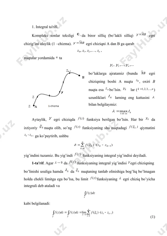 xtytixtytxtiytdt b a n ¢¢ =+×+= éù ëû ò ( ) ()() fztztdt b a ¢ =× ò ( ) ()()() fzdzfztztdt b ga ¢ =× òò ò - = g dz a z j n n ) ( n - { } 0 , : > = - î = r r g a z c z z g ()(02) it zztaet rp ==+££ () itit dzdaeiedt rr =+= 2 1(1) 0 () nnitn n jzadziedt p g r ++ =-= òò 1 - ¹ n 2 2 (1) 1(1)1 0 0 0 (1) itn nitnn n e jiedti in p p rr + +++ === + ò 1 - = n i dt e i j it p p 2 2 0 0 1 = = ò - ( ) ( ) 0,agar1bo'lsa 2,agar1bo'lsa nn za n zadzzadz in gr p -= ¹- ì -=-= í =- î …