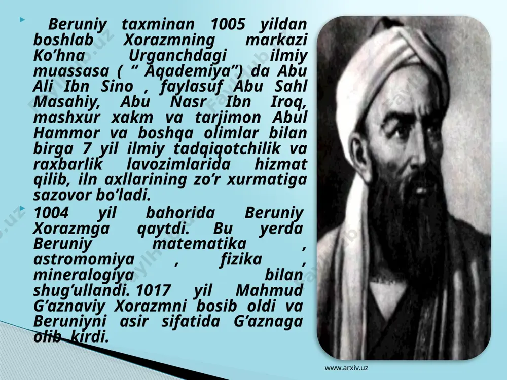 i ko’rsatiladi va o’zining ko’pgina taqiqotlarida shu teoremalariga suyanadi. “masud qonunlari” va “hindiston” nomli asrlarida hisoblash geometriyasi bilan shug’ullanib, doirada ichki chizilgan muntazam ko’p burchak tomonlarini hisoblagan. masalan, ular orasida mungazam beshburchak, olttiburchak, sakkizburchak, to’qizburchak va o’nburchaklardan har birining tomonini doira radius orqali hisoblagan hamda pi sonining yettita unli raqamigacha bo’lgan taqribiy qiymatini hisoblab topgan. www.arxiv.uz mazkur asarlarda geometric yasashga doir masalalarni yechish xam bayon etilgan. masalan: burchakni teng uchga bo’lish xaqidagi mashxur qadimiy masalani yechishning 12 xil usulini keltiradi. olim “ yulduzlarni proeksiyalash xaqida” va “ o’tmish avlodlardan qolgan yodgorliklar” (“osori boqiya”) nomli asarlarida yer va osmon sferasini kartografik proeksiyalashning eng yaxshi usulini ko’rsatgan. “munajimlik san’atidan boshlang’ich tushunchalar” nomli savol javob tartibida yozilgan darslikda astranomiya va astrologiya bo’limlaridan tashqari 119 savol arifmetika, algera, geometriya va sonlar nazariyasiga oid. bunda ko’p matematik tushunchalarning ta’riflari, ammallarini bajarish, yuz va xajmlarini o’lchash yo’llari ko’rsatilgan. masalan: bu darslikda geometric figuralar , ularning ta’riflari …