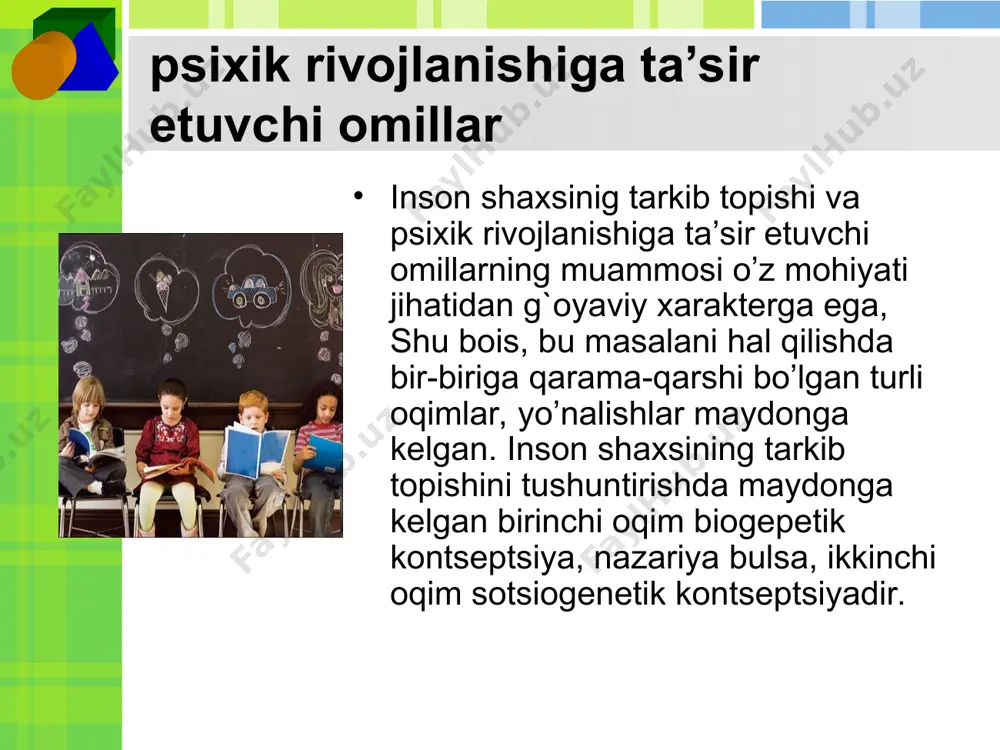 a nisbatan bilvosita qiziqishni tarkib toptirishga harakat qiladi. qiziqishlar orqali o’quvchilarda ta’limga aktiv munosabat namoyon bo’ladi. qiziqishlar o’quvchilar hayotida katta rol o’ynaydi. ular o’quv faoliyatini faollashtiruvchi asosiy turtkilar - motivlaridir. o’quvchilarning muayyan maqsadni ko’zlab ish tutishida, qiyinchiliklarni enga olishida, ishdan chalg`itadigan narsalar bilan shug`ullanishdan o’zini tiya olishida, unda o’qishga ishtiyoq tarkib toptirishda namoyon bo’ladigan iroda ta’lim jarayonida alohida ahamiyat kasb etadi. psixik rivojlanish psixik rivojlanish va bu o’zgarishlarga sabab bo’ladigan kuchlar o’rtasidagi munosabat qonunlarini o’rganish yosh davrlari psixologiyasi fanining muhim va dolzarb muammolaridan biridir. inson shaxsining psixik rivojlanishi va uning shakllanishi murakkab tadqiqot jarayonidir. zеro, uning o’ziga xos xususiyatlari va qonuniyatlarini asosli ilmiy bilish, o’quvchi shaxsiga pеdagogik jihatdan ta’sir ko’rsatishning zarur shartidir. ta’lim jarayonini boshqarish muammosi ta’lim jarayoni avvalo o’quvchilar diqqatini yo’lga solishni talab etadi. darslarda ko’rgazmali qurollardan, texnik va exm vositalaridan foydalanish ta’lim oluvchida ixtiyorsiz diqqatni yuzaga keltiradi. ta’lim jarayonida ta’lim beruvchining vazifasi darsda ishlash xolatini yuzaga keltirishgina emas, …