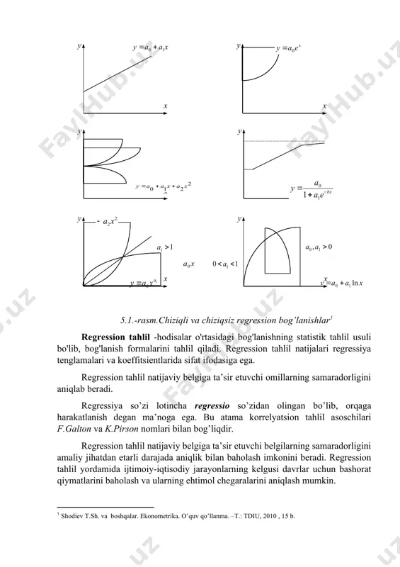 regresion tahlilni qo’llash uchun quyidagi talablarni bajargan ma’qul: · o’rganilayotgan to’plam iloji boricha katta bo’lishi; · o’rtalashtirilayotgan belgi miqdori ob’ektiv bo’lishi; · taqsimot qatorlari normal taqsimot qonuniga bo’ysunishi va iloji boricha unga yaqin bo’lishi kerak va h.k. yana shu ham ma’lumki, korrelyatsion-regression tahlil asosida quyidagi vazifalar hal qilinadi: · omil belgi bilan natijaviy belgi o'rtasidagi bog'liqlik aniqlash va bog'liqlik turini belgilash; · belgilar o'rtasidagi bog'lanishni ifodalovchi regressiya tenglamasini aniqlash va uning parametrlarini hisoblash; · bog'lanish zichligi va kuchini o'lchash modelni tuzish bosqichlari: • masalaning qo'yilishi va statistik ko'rsatkichlarini isbotlash. • statistik ma'lumotlarni to'plash va ularni birlamchi qayta ishlash. • juft bog'lanishlarni o'rganish. • bog'lanish shakllarini tanlash va regressiya tenglamalari parametrlarini aniqlash. • masalaning echish natijalarini statistik baholash va modelning iqtisodiy ma'nosi. tenglama tipini aniqlash tartibi. ikki hodisa yoki omil va natijaviy belgilar orasidagi bog'lanish juft korrelyatsiya deb ataladi. tahliliy jihatdan u turli, masalan, to'g'ri chiziqli, parabola, giperbola va boshqa shaklli …