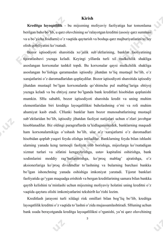 yicha guruhlashtirilishi, to’lov qobiliyati va kreditga layoqatlilikni etarli darajada chuqurroq tahlil qilish imkonini beradi. bank risklarini kamaytirish va uning daromadini oshirishda kredit jarayonini tug’ri tashkil qilish, mijozning kreditga layoqatliligini aniqlash muhim o’rin tutadi. mijozga berilgan kredit o’z vaqtida qaytib kelishini xohlaydigan bank avvalambor mijozning kredit zayavkasi va uning kredit tarixini mukammal o’rganib chiqishi lozim. bu jarayon bank riskini oldini olishning ilk bosqichi hisoblanadi. qarz oluvchining kreditga layoqatliligini o’rganish va kredit berilgandan keyin kredit monitoringini muntazam olib borish bank riskini kamaytirish va uning daromadini oshirishning navbatdagi bosqichlaridan biri hisoblanadi. ma’lumki, kreditlash jarayonini tashkil qilish kredit arizasini ko’rib chiqishdan boshlanadi. amaliyotda kredit arizalarini ko’rishda nimalarga e’tibor berish zarurligini ta’kidlab utish joiz. har bir mijozga chuqur e’tibor bilan munosabatda bo’lish, har bir bank xodimining faoliyat ko’rsatish qoidalarining ajralmas qismi bo’lishi kerak. odatda o’z mijozlariga e’tibor bilan muomala qilmaydigan xodimlari bo’lgan bankning kelajagi xam bo’lmaydi. jahon amaliyotida kreditlash jarayonini tashkil qilishda bank xodimi mijozlarga …