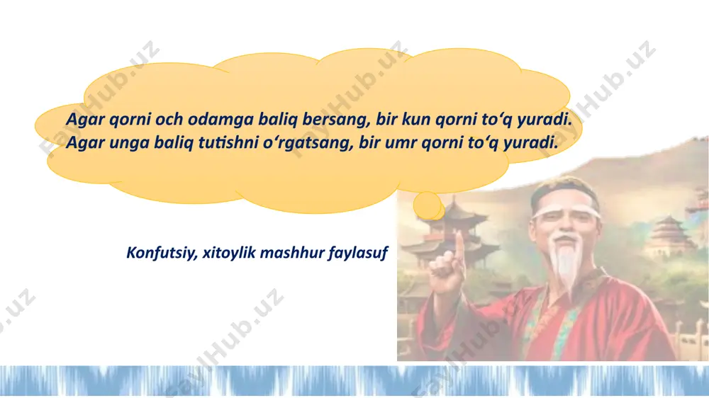 ida — ularga baliq emas, baliq tutishni o‘rgatadigan ustozlarga aylanishimiz kerak. shu tamoyil bugungi mashg‘ulotimizda asosiy tayanch nuqta bo‘lib xizmat qiladi. 2 maqsadlar ushbu mashg‘ulotda davomida siz: loyihaga asoslangan ta’lim xususiyatlari bilan tanishasiz; loyiha ishini tashkil qilish usullari bilan tanishasiz endi bugungi mashg‘ulotimizning asosiy maqsadlariga e’tibor qaratamiz. birinchi navbatda, siz loyihaga asoslangan ta’limning asosiy xususiyatlari bilan tanishasiz. ya’ni bu ta’lim uslubining qanday tamoyillarga asoslanishi, qanday afzalliklari borligi va qanday hollarda qo‘llanishi haqida chuqur tushuncha hosil qilasiz. ikkinchi yo‘nalish esa — loyiha ishini qanday tashkil qilish. bu bosqichda biz loyiha ishini rejalashtirish, amalga oshirish va natijalarni tahlil qilish bo‘yicha amaliy yondashuvlar bilan tanishamiz. ya’ni siz bu bilimlarni bevosita dars jarayoniga qo‘llay oladigan holatda chiqasiz. shunday qilib, bugungi mashg‘ulot nazariy bilim bilan birga amaliy ko‘nikma ham berishga yo‘naltirilgan. 3 nima qilsam ekan? ishni qanday tashkil qilaman? topshiriqlarni qanday tuzaman? ishning borishini qanday kuzataman? qaysi mavzuni tanlasam? qanday baholayman? nimadan boshlasam ekan? qanday …