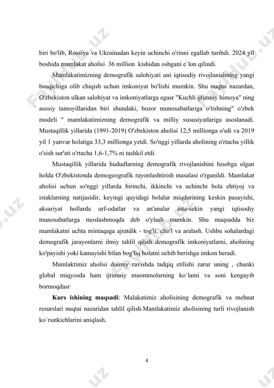 tayyorlashda qo`llanilgan ilmiy bilish metodlari: -tarixiy, statistik, matematik, adabiyotlar tahlili usullaridan foydalanildi. kurs ishining tuzulishi: kurs ishi kirish , 3 bob , 6 ta reja, xulosa foydalanilgan adabiyotlar qismlaridan iborat. i bob. o`zbekiston respublikasi aholisi ning o‘sish jarayoni 1.1. o`zbekiston respublikasining demografik rivojlanish tarixi oʻzbekiston aholisi soni 36 million kishidan oshgan boʻlib (2024-yil ), shahar aholisi 18 mlndan kishidan ortadi (2024-yil). oʻzbekistonda oʻrta osiyodagi jami aholining 1/3 qismidan koʻprogʻi yashaydi. oʻrta osiyo hududida yashagan ibtidoiy odamlarning qad. manzilgohlari quyi paleolit davriga to‘g‘ri keladi. jez davrida o‘zbekiston hududida chorvador va qisman dehqonchilik bilan shugʻullangan qabilalar yashagan. bu vaqtda ibtidoiy jamoa davri yemirilib, qabilalar oʻrtasida mulkiy munosabatlar vujudga keldi. eron shohi doro i ning behistun yozuvlarida oʻzbek xalqining qadimiy ajdodlari xorazmiylar, sug‘`iylar, saklar, baqtriyaliklar toʻgʻrisida maʼlumotlar berilgan. yunon va rim tarixchilari gerodot, strabon, arrian va ptolemey hozirgi oʻzbekiston hududida yashagan saklar haqida maʼlumotlar qoldirganlar. o‘zbeklarning alohida elat boʻlib shakllanishi uzoq yillar davomida …