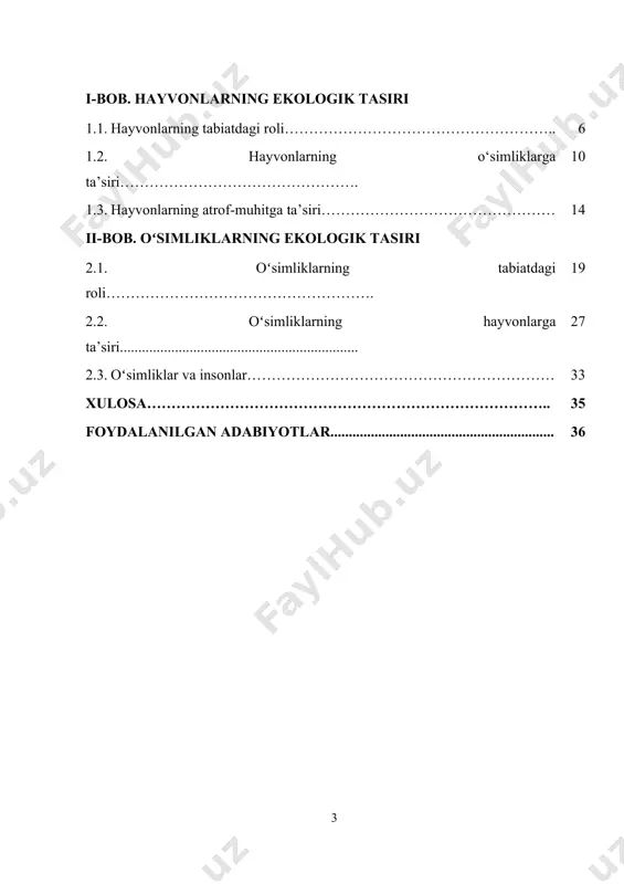 ning muhim qismini tashkil qiladi. ushbu mavzu ayniqsa ekologik barqarorlikni ta’minlashda, hayvonlar va oʻsimliklarning o‘zaro ta’sirlarini tushunish va o‘rganish zarurati tufayli dolzarbdir. bugungi kunda inson faoliyati natijasida ko‘plab hayvonlar va oʻsimlik turlari yo‘qolmoqda, bioxilma-xillik kamaymoqda va ekologik tizimlar buzilmoqda. shuning uchun, hayvonlar va oʻsimliklarning o‘zaro aloqalari, ularning bir-biriga qanday ta’sir ko‘rsatishi, bu jarayonlarning tabiiy muvozanatga qanday ta’sir qilishi haqida ma’lumot olish ekologik ta’limning muhim qismi hisoblanadi. ayniqsa, boshlang‘ich sinf o‘quvchilariga ekologik ongni rivojlantirish va tabiatni muhofaza qilish masalalarini o‘rgatishda hayvonlar va oʻsimliklarning ekologik roli haqida tushunchalar berish muhimdir. oʻsimliklar va hayvonlar o‘rtasidagi o‘zaro ta’sirlar nafaqat ekologik tizimlarning sog‘lom ishlashini ta’minlaydi, balki insonlarning hayoti va farovonligi uchun ham bevosita ahamiyatga ega. oʻsimliklar havoni tozalaydi, kislorod chiqaradi va karbon dioksidni yutadi, hayvonlar esa o‘simliklar va boshqa organizmlar bilan o‘zaro aloqada bo‘lish orqali tabiatdagi oziqlanish zanjirini saqlashga yordam beradi. ushbu jarayonlar insonlar uchun resurslar manbai yaratadi, ekosistemadagi muvozanatni saqlaydi va tabiiy ofatlarning oldini …