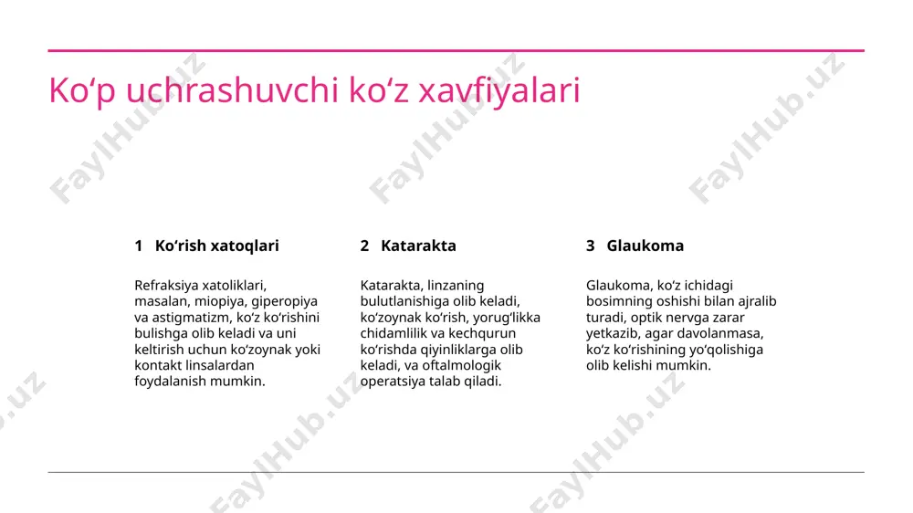 lan yurish kabi faoliyatlar orqali ma'naviy tinchlikni amalga oshirish, diqqatni oshirish va salbiy hissiyotlarni kamaytirish mumkin. koʻrish va eshitish organlarining xususiyati va gigiyenasi uchun oziq-ovqatning roli muhim moddalar ko'z sog'ligi uchun vitamin a, c, e va zink kabi moddalar koʻz sogʻligini saqlash va makulyar degeneratsiya va katarakt kabi holatlarni oldini olish uchun juda muhimdir. omega-3 mazali yag'larining quloq sog'ligi uchun ahamiyati omega-3 yag' to'plari, baliq va yong'oqda topiladi, eshitish tizimining sog'ligini saqlashda va eshitish yo'qotishining xavfi kamaytirishda muhim rol o'ynaydi. antioksidantlarning koʻz va quloq sogʻliqiga ta'siri antioxidantlar, masalan, lutein va zeaksantin koʻzni zararli uv zaryadlardan va oksidatsion ziddiyatdan himoya qiladi, shuningdek, quloq qoshlarining sogʻliqini ham yaxshilaydi. xulosa va asosiy nuqtalarning mukammal qilinishi va jamiyatga taqdim etilishi 1 esas nuqtalar eshitish va oʻzgarmaslik organlarining xususiyatlari haqida quloq uchta asosiy qismdan iborat. 2 quloq va tartib organlarining gigiyenasining muhimligi quloq organlari uchun yaxshi gigiyena amallari ularni yomg'ir tutish, tashqi qo'llar qo'yishdan saqlash …