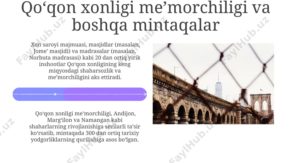 mudofaa inshootlarining bir qismi hisoblangan. qoʻqon xon saroyi meʼmorchiligi 18-asrda qurilgan boʻlib, 50 dan ortiq xona, 3 ta yirik hovli va keng bogʻlarni oʻz ichiga olgan murakkab inshoot boʻlgan. xususiy uylarning meʼmorchiligi kokand xonligidagi boy va nufuzli oilalarga tegishli xususiy uylarning bezagi juda boy edi, ganch naqshlari, yogʻoch oʻymakorligi va rangli koshinlar keng qoʻllanilgan. xususiy uylarning devorlari loy va gʻishtdan qurilgan boʻlib, 5-7 metr balandlikda edi. ularning tomlari yogʻoch konstruksiyaga ega boʻlib, tekis yoki gumbazsimon shaklda qurilgan. qoʻqon xonligidagi materiallar va texnologiyalar qoʻqon xonligi meʼmorchiligi, ayniqsa, 18-19-asrlarda, gʻisht, yogʻoch va xom gʻishtdan keng foydalanilganini koʻrsatadi, bu materiallar mahalliy manbalardan olingan va qoʻqon shahri atrofidagi hududlardan tashib kelingan. xon saroyi va masjidlar kabi yirik inshootlar qurilishida, ohaktosh va marmar kabi qimmatbaho materiallardan ham foydalanilgan boʻlib, bu materiallar fargʻona vodiysining turli mintaqalaridan, hatto 100 km masofadan olib kelingan. qoʻqon xonligi meʼmorchiligining rivojlanish bosqichlari xviii asrda qoʻqon xonligida 20 dan ortiq yirik masjid …