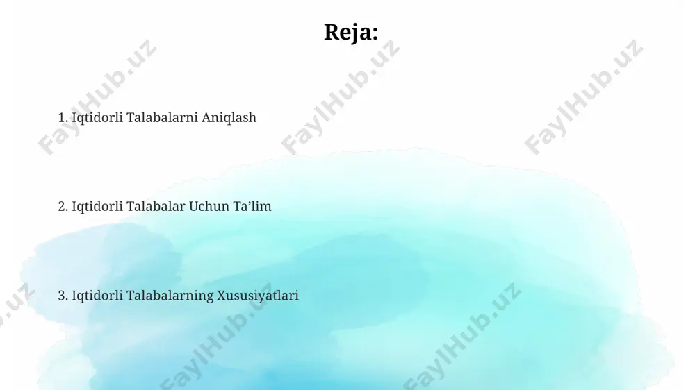 li o'qituvchiga ega bo'lib, ta'limda orqada qolishlari mumkin. iqtidorli talabalar 10 yoshdan boshlab o'ziga xos psixologik ehtiyojlarni namoyon qilishi mumkin, jumladan, ijtimoiy moslashuv qiyinchiliklari va yuqori darajadagi o'z-o'zini talabchanlik hissi, shuning uchun samarqanddagi maxsus maktablarning 70% da psixolog xizmati mavjud. e'tiboringiz uchun rahmat @taqdimot_robot image1.png