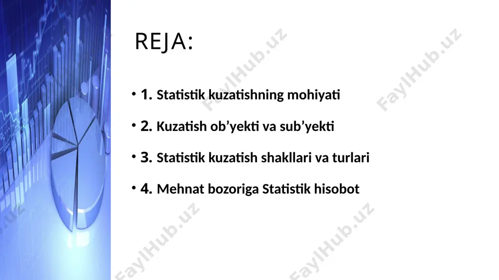 dagi uch bosqichda amalga oshiriladi: kuzatish obyektlarini qayd qilish ma’lumotlarni bevosita yig‘ish to‘plangan ma’lumotlarni tekshirish va nazorat qilish 2. kuzatish ob’yekti va sub’yekti kuzatish ob’yekti - bu tekshirish o'tkaziladigan hodisa va jarayonlar yig‘indisi yoki statistik ma’lumotlar qayd qilinadigan aniq chegara miqdori (oralig‘i)dir. masalan, aholi ro'yxati o'tkazilavotgan bo'lsa, biz aniq belgilab olishimiz kerak, qaysi aholini ro‘yxatga olmoqchimiz: mavjud aholinimi yoki doimiy aholinimi? tijorat korxonalarini ro'yxatga olish uchun, oldin aniq bilishimiz kerakki, qaysi korxonalar tijorat korxonalari bo‘lib hisoblanadi? kuzatish dasturi - bu kuzatish davomida yig‘ilishi kerak bo‘lgan savollar yoki qayd qilinishi lozim bo‘lgan belgilar va ko‘rsatkichlar ro'yxatidir. u qisqa, tushunarli bo‘lishi kerak va faqat aniq javob olinishi mumkin bo‘lgan, shubha tug‘dirmaydigan va bir-birining javoblarini nazorat qila oladigan savollardan tashkil topgan bo‘lishi kerak. dastur tuzish statistik kuzatishning eng og‘ir va mas’uliyatli bosqichidir. kuzatish birligi - bu hisob asosi yoki kuzatishda qayd qilish belgisiga ega bo‘lgan birlikdir. kuzatish birligi bo‘lib aholi ro‘yxatida har bir …