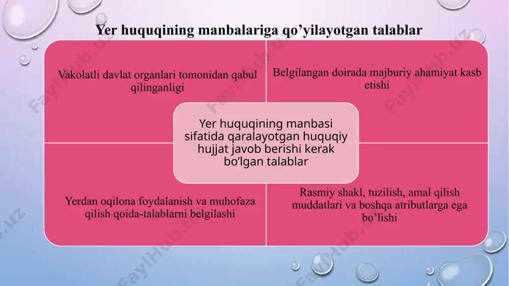 respublikasi yer kodeksi (1998 yil 30 aprel); o‘zbekiston respublikasining qonuni “davlat yer kadastri to‘g‘risida» (1998 yil 28 avgust) va boshq o‘zbekiston respublikasining qonunlari yerga oid munosabatlarni tartibga solish uchun qabul qilingan bo‘lib, yer huquqining maxsus manbasi sifatida e’tirof etiladi muhofaza ahamiyatidagi o‘zbekiston respublikasining qonunlari quyidagilardan iborat: o‘zbekiston respublikasining ma’muriy javobgarlik to‘g‘risidagi kodeksi (1994 yil 22 sentyabr); o‘zbekiston respublikasining jinoyat kodeksi (1994 yil 22 sentyabr); o‘zbekiston respublikasining soliq kodeksi (2007 yil dekabr); o‘zbekiston respublikasining mexnat kodeksi (1995 21 dekabr). ushbu qonun hujjatlari ham yerga doir qoida talablarni belgilagan holda yer huquqidagi maxsus qoida-talablar bilan bog‘liq ravishda yer qonunchiligini bo‘zganlik uchun intizomiy, ma’muriy, jinoiy, fuqarolik-huquqiy javobgarlikni qo‘llash, yerdan foydalanganlik uchun soliq va turli to‘lovlarni to‘lash bilan bog‘liq jarayonlarni tartibga soladi. yer huquqining manbalari tasnifl yerga oid munosabatlarni tartibga solinishi yo‘nalishlari bo‘yicha huquqiy tartibga solish holati bo‘yicha yuridik kuchi bo‘yicha yer resurslaridan oqilona foydalanish qonunchiligi yerlarni muhofaza qilish qonunchiligi qonunlar qonunosti normativ hujjatlari …