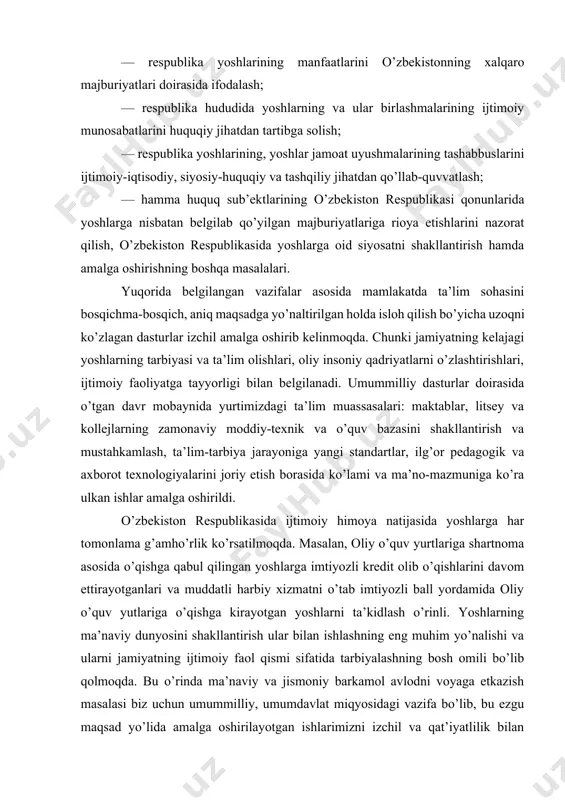 nunchilik, yangi qarorlarning qabul qilinishi va islohotlarning amalga oshirilishi mustahkam kuchli tayanch bo’lmoqda. o’zbekistonda yoshlarga mamlakatning kelajagi sifatida e’tibor berilib, ularning har tomonlama rivojlanishi uchun qulay sharoitlar yaratib kelinmoqda. o’zbekiston respublikasida yoshlarga oid davlat siyosati quyidagi qoidalarga asoslanadi: o’zbekistonda yoshlarga oid davlat siyosatining amalga oshirilishi o’zbekiston respublikasining 1991 yil 20 noyabrdagi “o’zbekistonda yoshlarga oid davlat siyosatining asoslari to’g’risida”gi qonunida yoshlarga beriladigan ijtimoiy-iqtisodiy va siyosiy-huquqiy kafolatlar belgilab qo’yilgan. shuningdek, bu qonunning qabul qilinishi yoshlarga oid davlat siyosatini amalga oshirishga mo’ljallangan tashkiliy tadbirlarni ham ko’zda tutdi. qonunning 1-moddasida “yoshlarga oid siyosat o’zbekiston respublikasi davlat faoliyatining ustivor yo’nalishi bo’lib, uning maqsadi yoshlarning ijtimoiy shakllanishi va kamol topishi, ijodiy iqtidori jamiyat manfaatlari yo’lida imkoni boricha to’la-to’kis ro’yobga chiqishi uchun ijtimoiy-iqtisodiy, siyosiy-huquqiy, tashkiliy jihatdan shart-sharoit yaratish hamda ularni kafolatlashdan iboratdir,” deb yozib qo’yilgan. o’zbekistonda qurilayotgan fuqarolik jamiyati, hayotimizga kirib kelayotgan modernizatsiya jarayonlari va islohotlar samarasi eng avvalo yoshlarni qo’llab-quvvatlash, ularning intellektual salohiyatini oshirish, moddiy va …