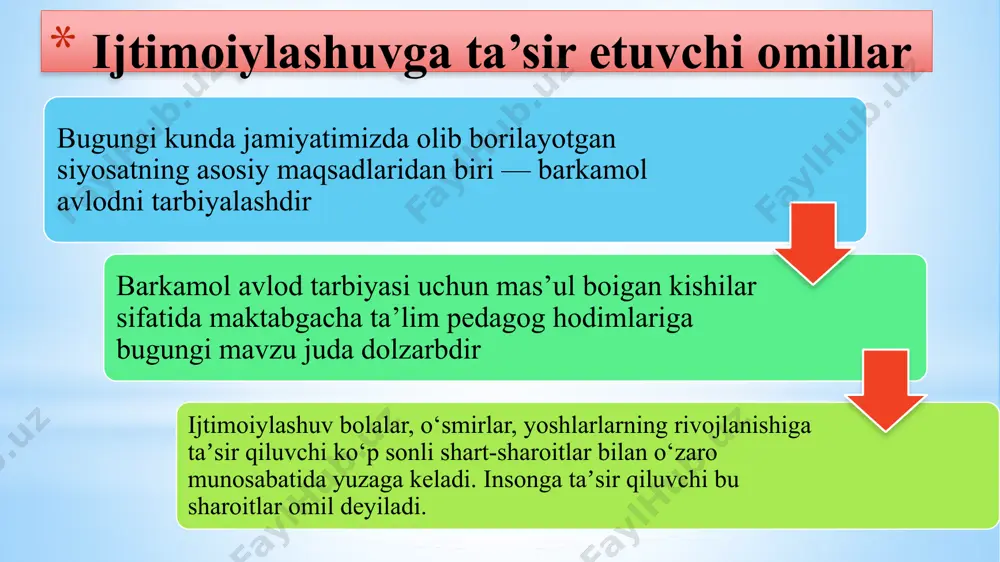 lari, u yoki bu submadaniyatga tegishliligiga ko‘ra ajratilgan guruhlarning ijtimoiylashuvi shart-sharoitlari. mezoomillar etnik qurilmalarni shakllantirish jarayoniga, mintaqaviy sharoitlarga, shu hududning oаvlariga taʼsir qiladi. 4. mikroomillar, yaʼni muayyan shaxslarga taʼsir qiluvchi omillarga -oila, qo‘shnilar, tengdoshlar guruhlari, tarbiya tashkilotlari, turli ijtimoiy, diniy, davlat, xususiy tashkilotlar kiradi. ichki biologik omillar ham mavjud. ularni bir-biridan mustaqil o‘rganishning iloji yo‘q. zamonaviy ilmiy nazariyalarda shaxs rivojlanishining asosiy omillari sifatida biologik va ijtimoiy omillar ajratib ko‘rsatiladi. biologik irsiyat insonni inson qiluvchi umumiy jihatlarini aniqlaydi insonning ijtimoiylashuvi turli omillar, agentlar bilan hamkorlikda va bir qator mexanizmlar asosida amalga oshadi. frantsuz olimi gabriel tard amerikalik uri bronfenbrener, rus olimlari v.s.muxina va а.v.petrovskiylarning tadqiqotlari ijtimoiylashuv mexanizmlariga turli yondoshuvlarni keltirib chiqaradi. mavjud maʼlumotlarning umumlashtirilishi quyidagi mexanizmlarni alohida ajratib ko‘rsatish imkonini beradi: ijtimoiylashuv mexanizmlari bostirish mexanizmi, uning mazmuni muayyan gʼoya, fikr, xohish, istaklarni ongdan chiqarib tashlashdan iborat. bu mexanizmning tashqi va ichki turlari mavjud. ichki mexanizm ham o‘z o‘rnida ixtiyoriy va gʼayri …