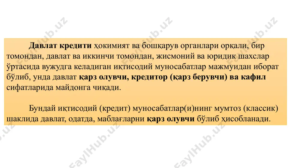 и. ҳақиқатдан ҳам давлат кредитига маълум бир вақт ўтганидан сўнг ўтказилган сумма фоизи билан қайтарилиши керак. умуман олганда, давлат кредити бошқа молиявий категориялардан ўзининг қуйидаги характерли хусусиятлари билан фарқланади:  агар банк кредитини тақдим этишда таъминланганлик элементи сифатида конкрет бойликлар – омбордаги товарлар, тугалланмаган ишлаб чиқариш ва бошқа шунга ўхшашлар майдонга чиқадиган бўлса, давлат томонидан маблағлар қарзга олинаётганда унинг эгалигида бўлган барча мол-мулк, маълум бир ҳудудий бирликнинг мулки ёки унинг қандайдир бир даромади давлат кредитининг таъминланганлик элементи бўлиши мумкин; молиявий категория сифатида давлат кредити қуйидаги функцияларни бажаради:  тақсимлаш;  тартибга солиш;  назорат. . давлат қарзларини жалб қилиш эвазига олинган капиталлардан унумсиз фойдаланилса, масалан, улар ҳисобидан ҳарбий ёки ижтимоий харажатлар молиялаштирилса, уларнинг қайтаришнинг ягона манбаи солиқлар ёки янги қарзлар бўлиши мумкин. олдин чиқарилган заёмларни қайтариш учун давлатнинг янги заёмларини жойлаштирилишига давлат қарзларини қайта молиялаштириш дейилади. давлатнинг қарз олиши натижасида солиқ оғирлигининг кучайиши уларнинг муддатига ва қарз олувчи томонидан тўланадиган …