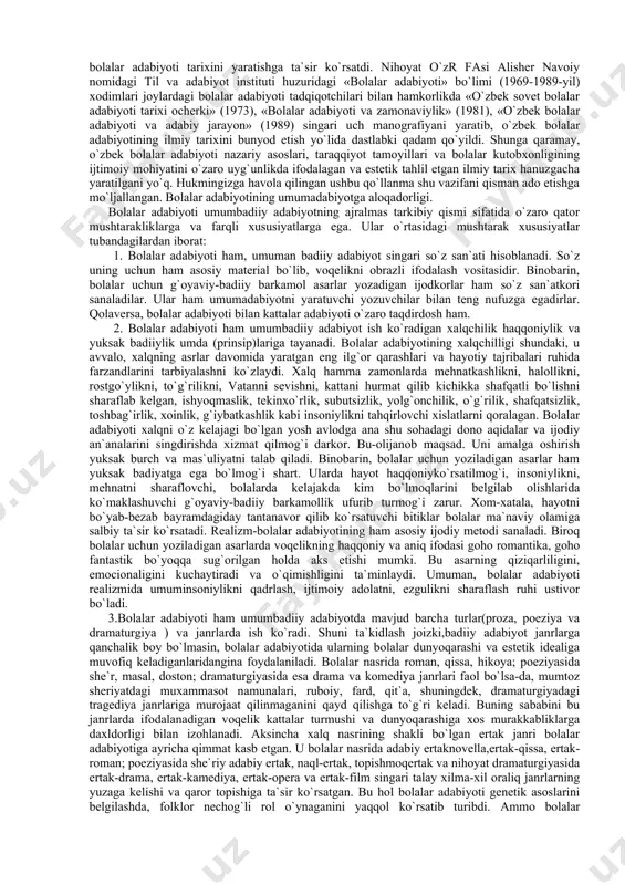 jadid ma`rifatparvarligi bag`rida navqiron avlodda rus mustamlakachiligiga qarshi fikr uyg`otish va uni o`zligini anglash, o`z erki, vatan ozodligi yo`lida istiqol jangchisi sifatida shakllanishi uchun ma`rifat asoslarini egallashga chorlovchi yangi adabiy hodisa tarzida paydo bo`lgan o`zbek bolalar adabiyoti endilikda o`zbek xalqining o`ziga xos milliy boyligiga aylandi. garchi uning g`oyaviy-badiiy saviyasiga hamon ahyon-ahyonda shubha bilan qarovchilar topilsa-da, u allaqachon umumjahon bolalar adabiyoti o`zanidan munosib joy egallay oldi. talay namunalari mamlakatimiz sarhadlaridan tashqarida sevilib o`qilayotir. bir asrdirki, o`zbek bolalar adabiyoti yosh naslning ma`naviy sog`lom o`sishida muhim omillardan biriga aylanib xizmat qilayotir. o`zbek bolalar adabiyoti haqidagi fan xx asr boshlarida ilg`or marifatparvarlar pedagoglar, adabiyotshunoslar yozgan maqolalardan yuzaga kela boshlagan esa-da, xx asrning o`rtalariga kelib dastlabki xrestomatiyalar va o`quv qo`llamalarni tuzish harakati tufayli shakllanish jarayoniga kira bordi. pedagogika bilim yurtlari talabalariga mo`ljallanib 1953-yilda i.ahmedov a.suyumovlar tomonidan ilk bor tartib berilib, 1967-1978-yillarda qayta takomillashtirib nashr ettirilgan «bolalar adabiyoti» xrestomatiyasi va 1957-yilda elon qilingan «bolalar adabiyoti» o`quv …