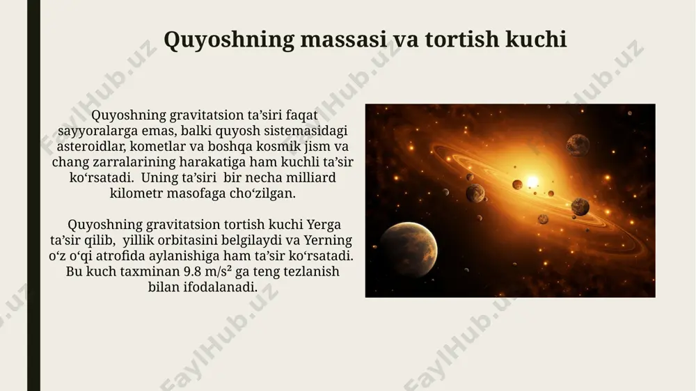 llarni shakllantirishda. quyoshning tortish kuchi galaktikamizdagi yulduzlarning orbitasini aniqlaydi, ularni galaktikaning markazida joylashgan super massiv qora tuynuk atrofida 200 million yildan ortiq davrda aylanishga majbur qiladi. tortish kuchining o'lchovi o'rtacha massali yulduzning tortish kuchi uning atrofida aylanuvchi sayyoralar sonini va ularning orbitasini aniqlaydi, masalan, bizning quyosh tizimimizda 8 ta asosiy sayyora mavjud. qora tuynuklarning tortish kuchi shunchalik kuchliki, yorug'lik ham undan qochib qutula olmaydi, bu esa ularning gravitatsion maydonini juda kuchli qiladi, bu esa 10^12-10^15 g/sm³ zichlikka ega. kelajakdagi tadqiqotlar gravitatsion linzalar effektidan foydalanib, qora tuynuklar va neytron yulduzlarining massasi va tortishish kuchi ta’sirini 1000 ta ob’ekt ustida tahlil qilishga qaratilgan kelajakdagi keng koʻlamli tadqiqotlar olib borilishi mumkin. quyosh va yulduzlarning tortishish kuchi boʻyicha kelajakdagi tadqiqotlar millimetr toʻlqin uzunliklarida 100 dan ortiq yulduz tizimlarini kuzatish orqali yulduzlararo ob’ektlarning harakatini aniqroq oʻlchashga qaratilishi mumkin. yulduzlarning massasi va tortish kuchi yulduzlarning massasi quyosh massasidan bir necha baravar katta boʻlishi mumkin, masalan, ba'zi …