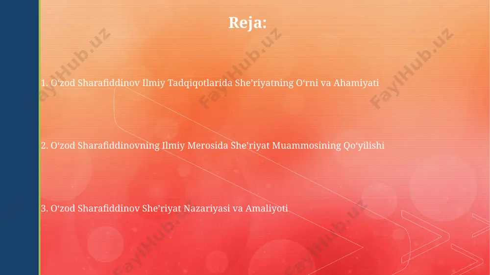 noslikda dolzarb masala hisoblanadi. sharafiddinovning ijodida mavjud boʻlgan 300 dan ziyod sheʼrining stilistik xususiyatlari, obraz tizimi va falsafiy mazmuni chuqur tahlil qilinmoqda. janr va kompozitsiya xususiyatlari uning asarlarida 5-7 misradan iborat qisqa sheʼriy shakllar bilan bir qatorda, murakkab kompozitsiyali, 20-30 misradan tashkil topgan dostonlar ham mavjud. sharafiddinov sheʼriyatining kompozitsion tuzilmasida takrorlanishlar, simmetriya va parallellik kabi badiiy vositalar muhim rol oʻynab, 2-3 marta takrorlanuvchi motiflar kuzatiladi. oʻzbek sheʼriyatining rivojiga qoʻshgan hissasi ozod sharafiddinovning sheʼriyatida vatan, inson, tabiat mavzulari falsafiy chuqurlik va badiiy ifoda vositalarining uygʻunligi bilan ifodalangan. uning 50 yildan ortiq ijodiy faoliyati davomida yozilgan 1000 dan ziyod sheʼrlari oʻzbek adabiyotiga katta hissa qoʻshdi. e'tiboringiz uchun rahmat @taqdimot_robot image4.jpg image5.jpg image6.jpg image7.jpg image8.jpg image9.jpg image10.jpg image2.png image3.png