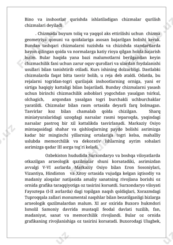 zaruriyati foydasiga kamida ikkita dalil keltirish mumkin. birinchisi aksonometrik proeksiyalarning katta ta'limiy ahamiyati. avvalambor u fazoviy tasavvurni rivojlantirish va mashq qildirish uchun ajoyib vosita hisoblanadi. aksonometrik proeksiyalarni (hatto qo'lda bajariladigan texnik rasmlarni ham) bajarish buyum originalining xuddi geometrik skeletini ochganday uning fazoviy shakli va tuzilishini yaqqol tasvirlaydi va fazoviy tasavvur rivojlanishiga foydali yuklama beradi. aksonometrik proeksiya va texnik rasm bajarish ayniqsa o'zini rasm chizishga qobiliyatsiz deb hisoblab yurgan o'quvchilarda alohida qoniqish hosil qilishini sezish mumkin. texnik rasm (aksonometrik) fazoning uchta o'lchamida joylashgan tasvirlar haqidagi hamma axborotlarni bitta tasvirda aks ettiradi. buning natijasida bunday tasvir yuqori darajada yaqqol bo'lib, tasvir buyum shaklini to'liq tasavvur qilishda deyarli qiyinchilik tug'dirmaydi. ikkinchisi – yaqqol tasvirlarning katta o'quv qiymatidir. yaqqol tasvirlar xuddi real buyum va uning tog`ri burchakli proeksiyalari orasida bogʻlovchi bo'g'in sifatida xizmat qiladi. bu holda yaqqol tasvir va kompleks chizmalarni solishtirib chizmani o'qishga doir qator mashqlar tizimini tayyorlashga imkon beradi. yaqqol tasvirlar (aksonometrik …