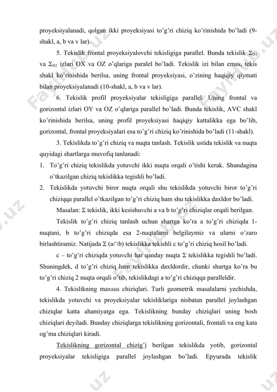 ekislikka tekishli c to’g’ri chiziq hosil bo’ladi. c – to’g’ri chiziqda yotuvchi har qanday nuqta ( tekislikka tegishli bo’ladi. shuningdek, d to’g’ri chiziq ham tekislikka daxldordir, chunki shartga ko’ra bu to’g’ri chiziq 2 nuqta orqali o’tib, tekislikdagi a to’g’ri chiziqqa paralleldir. 4. tekislikning maxsus chiziqlari. turli geometrik masalalarni yechishda, tekislikda yotuvchi va proyeksiyalar tekisliklariga nisbatan parallel joylashgan chiziqlar katta ahamiyatga ega. tekislikning bunday chiziqlari uning bosh chiziqlari deyiladi. bunday chiziqlarga tekislikning gorizontali, frontali va eng kata og’ma chiziqlari kiradi. tekislikning gorizontal chizig’i berilgan tekislikda yotib, gorizontal proyeksiyalar tekisligiga parallel joylashgan bo’ladi. epyurada tekislik gorizontalining frontal proyeksiyasi ox o’qiga parallel bo’ladi. gorizontal proyeksiyasi yasash yo’li bilan topiladi va u gorizontal chiziqning haqiqiy kattaligiga teng bo’ladi. 12-shakl, a, b larda ((((1((2) tekislikning gorizontal chizig’ini o’tkazish ko’rsatilgan. ( tekislikning gorizontal chizig’ini o’tkazish uchun, avvalo k2 nuqtadan ox o’qiga parallel qilib, uning frontal proyeksiyasi a2 chizig’i o’tkaziladi, gorizontal proyeksiyalovchi a1 esa, k1 nuqtadan o’tib, …