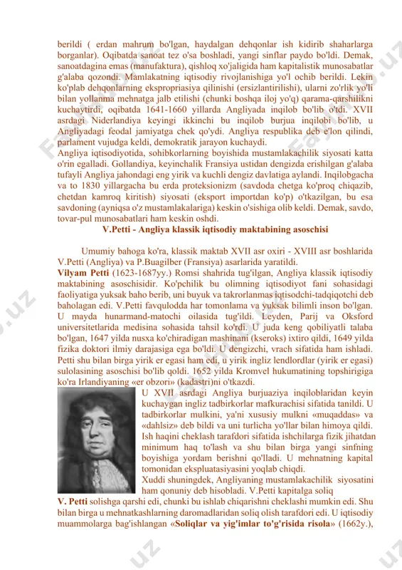 keng foydalangan, keyinchalik texnikani, ilmiy texnika yangiliklarini keng qo'llaganlar. agrar inqilob, islohot nomini olgan bu o'zgarish manufaktura sanoatining rivoji bilan bog'liq. dastlabki paytlarda bu sohada mato to'qish asosiy edi. u nihoyatda foyda keltiruvchi sohaga aylandi. matoga talab oshdi, uni qondirish uchun, sanoat uchun kerakli xom ashyo bazasini yaratish talab qilindi. xom ashyo esa jun bo'lib, qo'ylardan olinardi. manufaktura rivojiga jun kerak, buning uchun qo'ylar sonini oshirish talab etildi, ko'p qo'y boqish uchun esa yangi keng yaylovlar zarur, oqibatda chakalakzor, botqoq, bo'z erlar chegaralanib («erlarni chegaralash» degan ibora shundan kelib chiqqan) yaylovga aylantirildi, dehqon (yomen)lar o'z erlaridan haydab chiqarildilar, erlari esa tortib olinib, yaylovlarga aylantirildi. bu jarayonning muhim ahamiyati bor: 1. manufaktura (sanoat) uchun xom ashyo ko'paydi; 2. sanoatga ko'p va arzon ishchi kuchi etkazib berildi ( erdan mahrum bo'lgan, haydalgan dehqonlar ish kidirib shaharlarga borganlar). oqibatda sanoat tez o'sa boshladi, yangi sinflar paydo bo'ldi. demak, sanoatdagina emas (manufaktura), qishloq xo'jaligida …