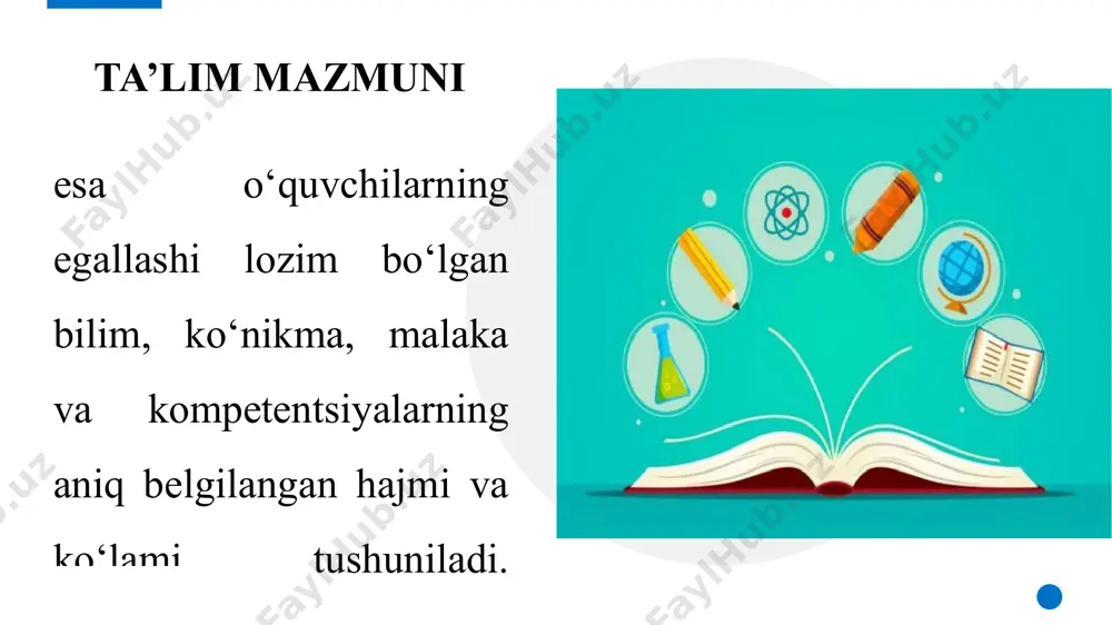 orot vazifasi motivatsion vazifa muvofiqlashtirish vazifasi nazorat-tuzatish (mashq qilish) vazifasi o‘qitish vazifasi rivojlantiruvchi-tarbiyalovchi darsliklar quyidagi vazifalarni bajaradi: mashq daftari - darslikning tarkibiy qismi hisoblanadigan, davlat ta’lim standartlariga muvofiq o‘quvchilar tomonidan egallangan bilim va ko‘nikmalarni mustahkamlash hamda o‘quv fanining mavzulariga mos ravishda ishlab chiqilgan, mantiq va tafakkurni rivojlantirishga qaratilgan (krossvordlar, boshqotirmalar, mantiqiy fikrlashga undovchi topshiriqlar va hokazo) topshiriqlardan iborat bo‘lgan didaktik vosita. o‘qituvchi uchun metodik qo‘llanma - darslikdagi har bir mavzuni samarali o‘qitish metodikasi, qo‘shimcha sinov topshiriqlari va o‘qituvchining darsni qiziqarli tashkil etishiga oid boshqa metodik ko‘rsatmalar berilgan, har bir darsning maqsadi, darsda foydalaniladigan vositalar va ulardan foydalanish usullari, darsning mazmuni, amaliy mashg‘ulotlar, qo‘shimcha topshiriqlar va boshqalar haqida metodik ko‘rsatmalar aniq bayon qilingan kitob shaklidagi o‘quv nashri. darsliklarning multimediali ilovalari - axborot-kommunikatsiya texnologiyalari yordamida o‘quv faniga oid materiallarni davlat ta’lim standarti va o‘quv dasturiga mos ravishda yorita oladigan, o‘quv fanini samarali o‘zlashtirishga, o‘quvchilarning mustaqil ta’lim olishiga ko‘maklashuvchi hamda video, ovoz, animatsiya, …