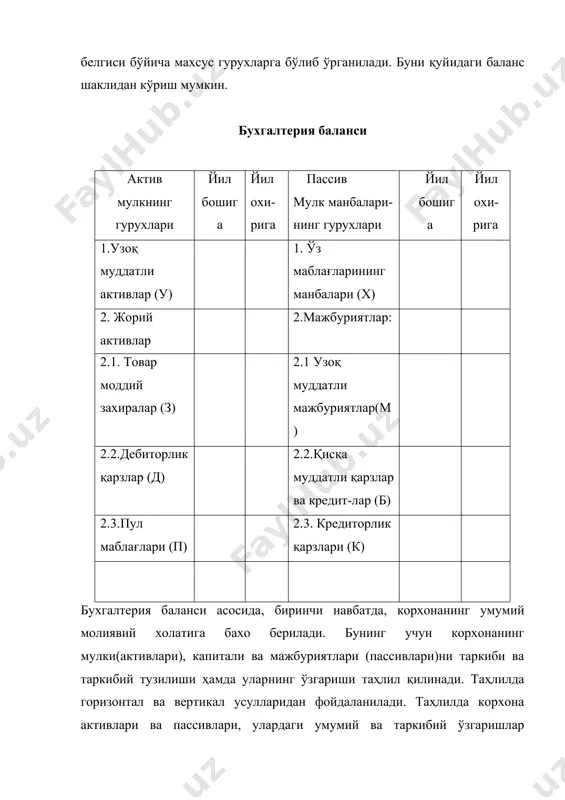 -182 2.3.кредиторлик қарзлари 58464 48507 -9957 баланс 116378 109587 -6791 баланс 116378 109587 -6791 35-жадвалдан кўриниб турибдики, корхона мулки йил охирида йил бошига нисбатан 6791 минг сўмга ёки 5.08%га камайган. шу жумладан узоқ муддатли активлар 614 минг сўмга (1,4% га) ошган, аммо жорий активлар 7405 минг сўмга (10,12% га) камайган. жами жорий активлар таркибида захираларнинг ​ҳажми 1477 минг сўмга (4,8% га) ошган, аммо қолганлари камайган. шундан дебитор қарзлари 9000 минг сўмга(22% га) , пул маблағлари 182 минг сўмга (2,29% га) камайган. мулкнинг ташкил топиш манбаида ҳам камайиш содир бўлган. ўз маблағлари манбаи 2516 минг сўмга (7,1%га) ошган, аммо мажбуриятлар ҳажми 9307 минг сўмга (11,5% га) камайган. кредитор қарзлари 9957 минг сўмга ёки 17% га камайган, қисқ муддатли мажбуриятлар 10778 минг сўмга ёки 88 % га ошган. ушбу маълумотлар хўжалик молиявий аҳволининг яхшиланганлигидан далолат беради. корхонанинг молиявий ҳолатига баҳо беришда баланс маълумотлари асосида нисбий кўрсатгичларини аниқлаш ва таҳлил қилиш катта аҳамиятга …