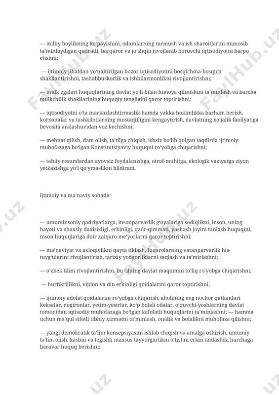 uni hisobga olish zarur edi, albatta. milliy istiqlolning dastlabki kunidanoq chinakam mustaqil o‘zbekistonni barpo etish, har qanday „izm“ lardan xoli xalqchil, adolatli jamiyat qurish bosh maqsad qilib qo‘yildi. davlatimiz ichki va tashqi siyosatining asosiy yo‘nalishlari ana shu bosh maqsaddan kelib chiqqan holda belgilandi. kelajagi buyuk o‘zbekiston davlatining siyosati inson va jamiyatning erkinligini, fuqarolarning farovon turmushini ta’minlashga qaratilgan. siyosiy sohada bu quyidagilarni bildiradi: — xalq manfaatlariga mos keladigan haqiqiy demokratiya tamoyillarini qaror toptirishni, xalq ham bevosita, ham o‘z vakillari orqali davlat hokimiyatini amalga oshirishda to‘liq imkoniyatga ega bo‘lishini; — qonun chiqaruvchi, ijro etuvchi va sud hokimiyati vakolatlarini ajratish asosida milliy davlatchilikni barpo etishni, jamiyatning siyosiy tizimini, davlat idoralarining tuzilmasini tubdan yangilashni, respublika hokimiyati bilan mahalliy hokimiyatning vakolatlarini aniq belgilab qo‘yish va adolatli qonunchilikni vujudga keltirishni; — barcha fuqarolarning qonun oldidagi huquqiy tengligini va qonunning ustuvorligini, jamiyat manfaatlari va aholi xavfsizligini kafolatlaydigan huquqiy davlatni barpo etishni; — o‘zbekistonda tug‘ilgan, uning zaminida yashayotgan …