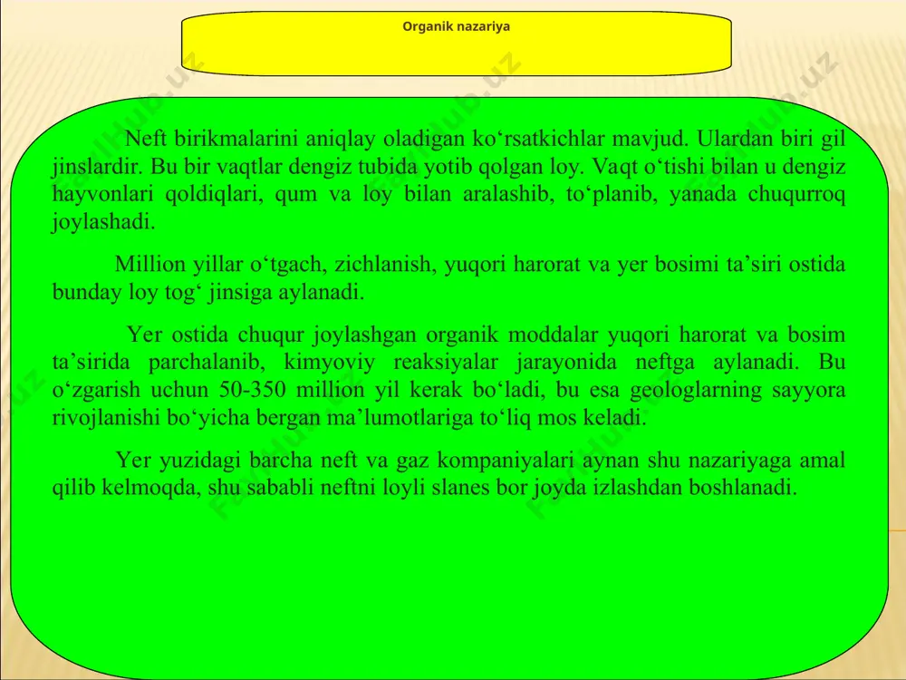 avoga koʻtarila boshlaydi. nisbatan past temperaturalarda bugʻlangan uglevodorodlar neftning yengil qismi (fraksiyasi), idishda qolgan uglevodorodlar neftning ogʻirroq qismi hisoblanadi. bugʻlangan neft sovitilsa, u yana suyuq holatga oʻtadi. neftni bugʻlatib, keyin bugʻlangan uglevodorodlarni suyuqlikka aylantirish jarayoni neftni toʻgʻri qaydash deb, olingan mahsulot distillyat deb ataladi. . neftni tozalash neft mahsulotlarining sifatini yaxshilash maqsadida olingan distillyatlar tozalanadi. distillyatlarni oltingugurt, azot, kislorod va toʻyinmagan uglevodorodlardan tozalash uchun gidrotozalash jarayoni qoʻllanadi. gidrotozalash 350—420° da va 1,7 — 40 mpa bosimda katalizator yordamida amalga oshiriladi. gidrotozalash, asosan, dizel yonilgʻisi va moy distillyatlarini oltingugurtdan tozalashda va ayrim distillyatlarni ikkilamchi jarayonga tayyorlashda ishlatiladi. yonilgʻi distillyatlaridagi kislorod va oltingugurtli birikmalarni yoʻqotishda ishqor bilan tozalash usuli ham qoʻllanadi. bu jarayonda tozalanayotgan mahsulotga ishqor va suv qoʻshilib, hosil boʻlgan birikmani mahsulotdan ajratib olinadi. yonilgʻi va moy distillyatlarining sovuq paytda qotib qolmasligini taʼminlash maqsadida ular parafinsizlantiriladi. bunda tez quyuqlashadigan parafin uglevodorod distillyatlardan ajratib olinadi. . neft va gaz uyumlari va konlari …
