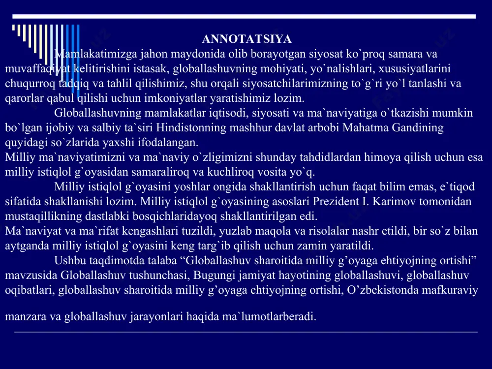 milliy g’oyaga ehtiyojning ortishi; 4) o’zbekistonda mafkuraviy manzara va globallashuv jarayonlari. xulosa; foydalanilgan adabiyotlar ro’yxati. reja: globallashuv – bu turli mamlakatlar iqtisodi, ma’naviyati, madaniyati, odamlar o’rtasida o’zaro ta’sir va bog’liqlikni kuchayishiga aytiladi. shabada bo’ronga aylansa yoxud yana globallashuv, "demokratiya", axborot xuruji xususida shunday bo'lishi zarurki, toki shu yurtda yashovchi har bir odam sodir bo'layotgan murakkab ijtimoiy jarayonlarni his qilib tursin, ularga nisbatan o'z fikri va mulohazasiga ega bo'lsin, nima haqiqat-u, nima yolg'on va bo'hton ekanligini tushunsin. tevarak-atrofda sodir bo'layotgan jami voqealar xususida o'z fikri va pozitsiyasiga ega bo'lmay turib, bu dunyoda qanday yashash mumkin? islom karimov sivilizatsiyalararo muloqot globallashuv oqibatlari ijobiy kapital vatavarlar almashinuvi ish kuchining erkin harakati yangi ish o’rinlari zamonaviy kominikatsiya axborot texnologiyalari ilm- fan yutuqlarini tez tarqalishi qadriyatlarning uyg’unlashuvi o’zaro yordam imkoniyatlarning ortishi salbiy o’tkir mafkuraviy ta’sir mafkuraviiy tazyiq o’tkazish quroli ma’naviy tahdid mafkuraviy huruj ’’erkinlik va demokratiyani olg’a siljishi’’ ahloqiy buzuqlik zo’ravonlik ma’naviy negizlarga bepisandlik egotsentrizm …