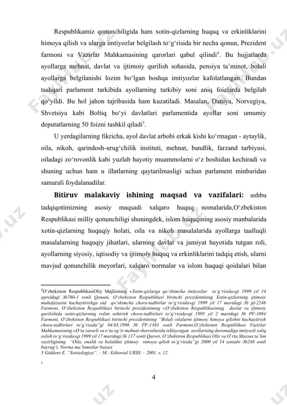 ng davlat va jamiyat hayotida tutgan roli, ayollarning siyosiy, iqtisodiy va ijtimoiy huquq va erkinliklarini tadqiq etish, ularni mavjud qonunchilik meyorlari, xalqaro normalar va islom huquqi qoidalari bilan qiyosiy ravishda о‘rganib ilmiy-nazariy jihatdan asoslantirilgan takliflar berishdan iborat. vazifalari: birinchidan, gender tengligi masalasining taraqqiy etishi, uning tarixiy va nazariy jihatlarini tahlil etish; ikkinchidan, мilliy qonunchiligimiz va xalqaro huquq normalarida ayollarning erkaklar bilan huquqiy jihatdan tengligini qiyosiy о‘rganish; uchinchidan, islom huquqining ayollar masalalariga oid tamoyillarini xalqaro huquq normalariga qiyosan tadqiq qilish; to‘rtinchidan, islomda ayollar masalasiga ijtimoiy-huquqiy jihatdan yondoshib, urf-odatlar, milliy madaniyatlar, ijtimoiy institutlar hamda huquq va jamiyat bilan bog‘lab о‘rganish; beshinchidan, olib borilgan tadqiqotlar natijasida paydo bо‘lgan ijobiy deb topilgan fikr-mulohazalarni taklif sifatida ilgari surishdan iborat. bitiruv malakaviy ishining o’rganilganlikdarajasi. bumavzuni о‘rganishda, kо‘p hollarda bir yoqlama yondashuv orqali o’rganilgan. ya’ni, gender masalasida aksariyat hollarda din omiliga salbiy nuqtai nazar bilan qarash mavjudligi uchun ham shunday fikrlash bo’lgan. lekin bunday munosabatni obyektiv deb …