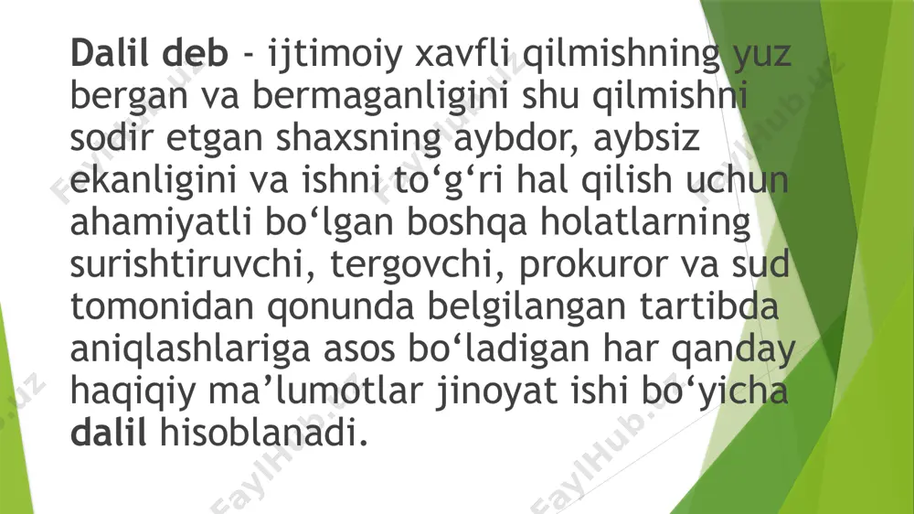 hi va oqlovchi dalillar kelib chiqishiga ko’ra - shaxsiy va ashyoviy dalillar dastlabki dalillar – bu aniqlanishi lozim bo‘lgan holat to‘g‘risidagi ma’lumot birinchi manbadan olingan dalillardir. masalan, guvohning shaxsiy kuzatuvlari asosida bergan ko‘rsatuvlari hamda uni so‘roq qilish bayonnomasi dastlabki dalil hisoblanadi. ekspertning xulosasi ham dastlabki dalil sifatida e’tirof etiladi. hosila dalillar esa isbot qilinishi lozim bo‘lgan holat to‘g‘risidagi ma’lumot birinchi manbadan emas, balki boshqa manbadan yoki oddiy til bilan aytganda “ikkinchi manbadan” olingan dalillardir. ayiblovchi dalillar - ayblanuvchining aybini tasdiqlovchi, uning javobgarligini og‘irlashtiruvchi dalillar ayblovchi dalillar deb ataladi. oqlovchi dalillar – bu ayblovni inkor qiluvchi, ayblanuvchining aybsizligini tasdiqlovchi, ayblanuvchining javobgarligini yengillashtiruvchi holatlar to‘g‘risidagi ma’lumotlar, shuningdek ayblanuvchiga qo‘yilgan ayblovni shubha ostiga oluvchi dalillardir. to‘g‘ri va egri dalillar. isbotlash predmetining bosh fakti bo‘lgan isbotlash tezisiga, ya’ni shaxsning aybdorligi yoki aybsizligiga nisbatan dalillar to‘g‘ri va egri dalillarga bo‘linadi. tog’ri dalil -isbot qilinadigan holatni to‘g‘ridan- to‘g‘ri va bevosita belgilaydigan dalil to‘g‘r dalil. egri dalil …