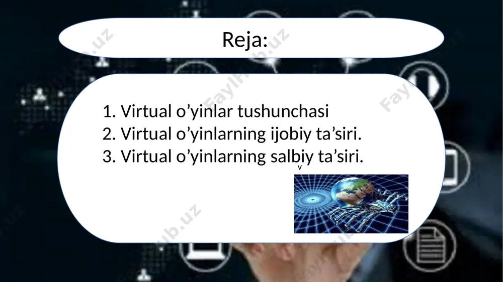 rlash va reaksiya tezligini oshiradi – ayniqsa harakatli (action) o‘yinlar reflekslarni va tez qaror qabul qilish ko‘nikmasini kuchaytiradi. 3. yodlash va diqqatni jamlashni yaxshilaydi – ba'zi o‘yinlar murakkab muhitda e’tibor va xotirani faol ishlatishni talab qiladi. 4. ijtimoiy ko‘nikmalarni rivojlantiradi – ko‘p foydalanuvchili onlayn o‘yinlar orqali boshqalar bilan muloqot qilish, jamoada ishlash o‘rganiladi. 5. ijodkorlikni oshiradi – ochiq dunyo yoki qurilish o‘yinlari (masalan, minecraft) foydalanuvchini o‘z dunyosini yaratishga undaydi. 6 virtual o‘yinlarning inson ongiga salbiy ta’siri quyidagicha bo‘lishi mumkin: 1. qaramlik (addiktsiya) rivojlanishi – haddan tashqari ko‘p o‘ynash miya faoliyatiga zarar yetkazib, real hayotdagi mas'uliyatlardan chalg‘itadi. 2. hissiy befarqlik va zo‘ravonlikka moyillik – zo‘ravonlik aks etgan o‘yinlar ayrim odamlarda tajovuzkorlikni kuchaytiradi. 3. ijtimoiy aloqalardan uzoqlashish – real muloqot o‘rnini virtual aloqalar egallab, ijtimoiy ko‘nikmalarning pasayishiga olib keladi. 4. diqqat va xotira muammolari – uzoq vaqt ekran qarshisida vaqt o‘tkazish diqqat tarqoqligi va tez charchashga sabab bo‘ladi. 5. uyqu rejimining buzilishi …