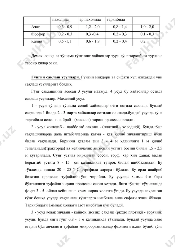 иш учун гўнг сақлаш талабларига хам риоя қилиш шарт экан. улар қуйидаги талаблардан иборат: 1. гўнгхона таги цементлашган бўлиши керак. 2. суюқ қисми тўпланадиган хавузча бўлиши. 3. хавузчага қараб сувни паст ўзи оқиб тушадиган бўлиши (суппасимон жой бўлиши керак). 4. гўнгхона ташқи тарафи ёмғир оқиб кетадиган. 5. механизм учун қулайлик. туриб ишлаш ва кетиш учун. 6. гўнгхона ахолидан 200 м кам деганда узоққа қурилиши керак. молхоналардан 50 м узоқда. гўнг сақлаш учун хар қайси хўжаликда гўнгхона ва суюқ гўнг йиғиладиган махсус жойлар бўлиши шарт. лекин бу масала хали ечилмаган жойи кўп. гўнгхоналар (котлован ) ховуз ва ер усти типида бўлади. котлова (ховуз) типидагилари жанубий ва жанубий - шарқий зоналарда қайси иссиқ қурғоқчилик гўнг тез қурийдиган зоналарда қуриш тавсия этилади. бунда 1 м гача ер чуқурланиб сўнг гўнг йиғилади. ер бетида гўнг қуриш шимолий совуқ зоналарда бир томони тош, ғиштли ёки бошқа томони материаллардан иборат девор қилиб кейин тўкилаверади. гўнгхона суюқ …