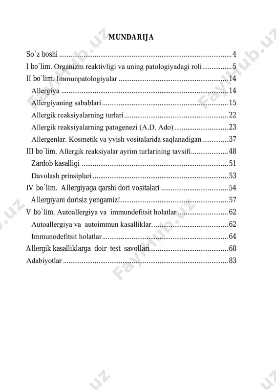 rsatuvchi boshqa juda ko`p allergenlar mavjud. bularga aholi tomonidan antibiotiklardan keng foydalanish, ayollar kosmetik mahsulotlarini ko`p ishlatilishi misol bo`la oladi.oziq-ovqat mahsulotlariga har xil sintetik birikmalar qo`shilishi ham muhim ro`l o`ynaydi. ba`zi o`simlik(chang allergenlari) ham muhim ahamiyatga ega. odam organizmida, xususan, uning ichida yashovchi parazitlar faoliyati natijasida hosil bo`ladigan moddalar ham kuchli allergen hisoblanadi. allergiyaning keng tarqalganligi ayrim vaqtlarda ko`pgina kasalliklar kelib chiqishida asosiy vosita deb fikr yuritishga olib keladi, biz kitobxonlarga o`zlarida bo`lmagan allergic belgilarni qidirmasliklarini maslahat bergan bo`lar edik. allergen saqlaydi deb, ovqatlanishni, dorilar istemol qilishni cheklab qo`yishni maslahat bermaymiz. 5 i bo`lim. оrgаnizm rеаktivligi vа uning pаtоlоgiyadаgi rоli bu sоhа охirgi 30-40 yil ichidа judа tаrаqqiy qildi. hаr bir kаsаllikni o’tishi оrgаnizm хususiyatigа bоg’liq bu esа rеаktivlik bilаn bоg’liq. ko’p kаsаllаr surunkаli fоrmаgа o’tishi hаm оrgаnizmni rе- аktivligigа bоg’liq. mа’lumki turli epidеmiyalаrdа hаmmа hаm kаsаl bo’lаvеrmаydi. yuqumli kаsаllik o`latdan tuzаlgаnlаr shu kаsаl bilаn bоshqа оg’rimаs- liklаrini bilishgаni uchun …