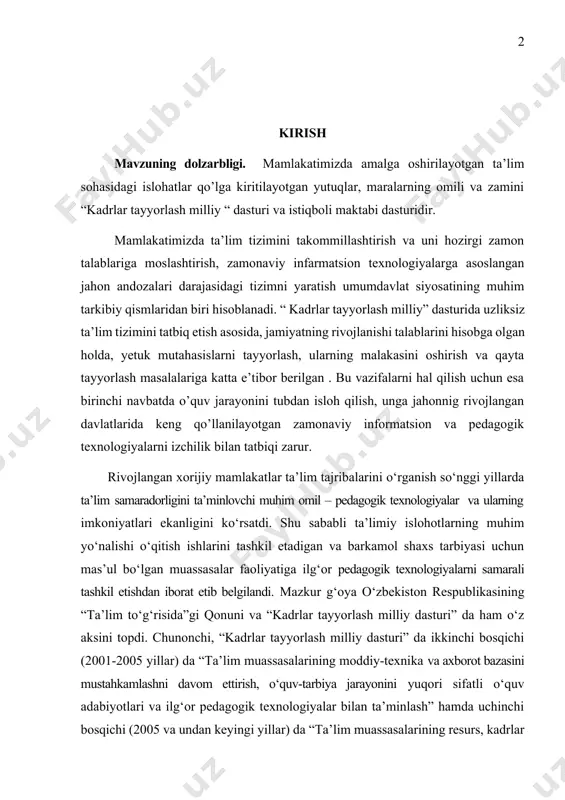ikkinchi bosqichi (2001-2005 yillar) da “ta’lim muassasalarining moddiy-texnika va axborot bazasini mustahkamlashni davom ettirish, o‘quv-tarbiya jarayonini yuqori sifatli o‘quv adabiyotlari va ilg‘or pedagogik texnologiyalar bilan ta’minlash” hamda uchinchi bosqichi (2005 va undan keyingi yillar) da “ta’lim muassasalarining resurs, kadrlar va axborot bazalarini yanada mustahkamlash, o‘quv-tarbiya jarayonini yangi o‘quv-uslubiy majmualar, ilg‘or pedagogik texnologiyalar bilan to‘liq ta’minlash” kabi muhim ijtimoiy-pedagogik ahamiyatga ega vazifalarni ijobiy hal etish zarurligiga alohida urg‘u beriladi. respublikada uzluksiz ta’lim tizimi mazmunini belgilab beruvchi muhim me’yoriy hujjatlarda alohida qayd etilganidek, ta’lim jarayonini ilg‘or pedagogik texnologiyalar yordamida tashkil etish ijtimoiy maqsad – komil inson va malakali mutaxassisni tarbiyalashda yuqori natijalarga erishishni kafolatlaydi. mazkur g‘oyaga tayangan holda mustaqillikdan keyingi yillarda o‘zbekiston respublikasida ham pedagogik texnologiya nazariyasi va unda ilgari surilgan g‘oyalarni o‘rganishga bo‘lgan qiziqish yuzaga keldi, keng ko‘lamli tadqiqotlar olib borildi va bunday harakatlarning samarasi sifatida ilmiy risolalar, o‘quv va metodik qo‘llanmalar yaratildi, uzluksiz ta’lim tizimining turli bosqichlarida faoliyat ko‘rsatayotgan ta’lim …