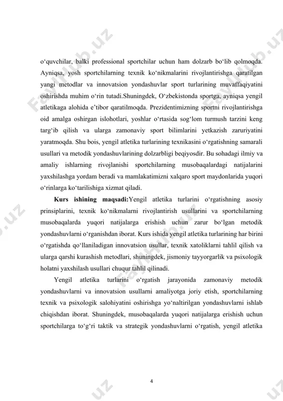 texnik ko‘nikmalarni to‘g‘ri rivojlantirish va sportchilarning umumiy rivojlanishiga ta’sir etuvchi omillarni tahlil qilish ham ko‘zda tutilgan. barcha ushbu masalalar o‘zaro bog‘liq bo‘lib, umumiy maqsadga – yengil atletika turlarida muvaffaqiyatga erishish uchun sportchilarga bilim, ko‘nikma va zarur metodlarni taqdim etishdir. kurs ishining vazifasi: yengil atletika turlarining texnikasini o‘rgatishda qo‘llaniladigan metodik yondashuvlarni tahlil qilish va bu sohada yuzaga keladigan muammolarni aniqlashdir. yengil atletika turli jismoniy va psixologik jihatlarni o‘z ichiga olgan murakkab faoliyat bo‘lib, uning samarali o‘qitilishi uchun to‘g‘ri metodlar va usullarni ishlab chiqish zarur. kurs ishida yengil atletikaning har bir turi bo‘yicha texnik ko‘nikmalarni rivojlantirish uchun zamonaviy metodologiyalarni o‘rganish, shuningdek, sportchilarning umumiy jismoniy tayyorgarliklarini oshirish uchun kerakli mashqlar tizimini shakllantirishni maqsad qilgan. sportchilarning musobaqalarda yuqori natijalarga erishishi uchun texnik xatoliklarni tahlil qilish va ularga qarshi kurashishning samarali usullarini aniqlash ham kurs ishining vazifalaridan biridir. bu jarayonda texnik xatoliklarni oldini olish, ularni tuzatish va sportchilarni to‘g‘ri texnikaga o‘rgatish orqali musobaqalarda muvaffaqiyatga erishish …