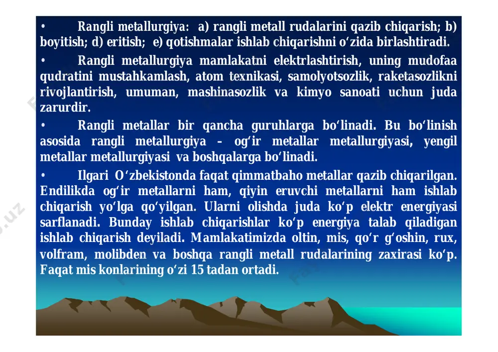 koni. • 6. sochma konlar – bunday konlarining 70 foizi chet ellarda; 30 foizi rossiyada. rossiyada pirkakat, deputat, malayziyada perak. perak koni eng ulkan konlardan hisoblanadi. qalayningqalayning asosiyasosiy minerallariminerallari vava ishlatilishiishlatilishi.. 11--konservakonserva bankalari,bankalari, 22--tunikatunika qoplamalari,qoplamalari, 33--quvurlar,quvurlar, 44--qotishmalar,qotishmalar, 55--kavsharlashkavsharlash uchun,uchun, 66--quymalar,quymalar, 77--folgafolga simob konlarisimob konlari • sof simob – oddiy sharoitda kumushsimon oq rangdagi yaltiroq og‘ir metall. simobning klarki 0,000008, muzlash harorati – 38,7 °c, qaynash harorati – 257 °с, solishtirma og‘irligi 13,65. oddiy sharoitda yengil bug‘lanadi. simob bug‘lari kuchli zahar hisoblanadi. simob bir qancha metallarni: sn, au, na, ag kabilarni eritish xususiyatiga ega. • ayniqsa oltinni yaxshi eritadi. simob eritmalari «amalgamalar» deb yuritiladi. simob qizdirilganda kuchli kengayish xususiyatiga ega.xususiyatiga ega. • simob xalk xo‘jaligida amalgamalar olishda, tibbiyotda termometrlar tayyorlashda qo‘llaniladi. simobdan kemalarning suv osti qismini muhofaza qilish uchun maxsus buyoqlar tayyorlanadi (12-rasm). • simob 20 dan ortiq mineral tarkibiga kiradi. ularning asosiysi kinovar hisoblanadi (12-rasm). simobning dunyo bo‘yicha tabiiy zaxirasi …
