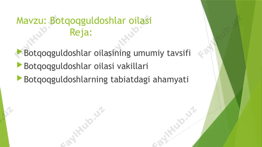 digan jinslar: alisma – suvkalampir. sagittaria – o‘qbargli o‘simlik. baldellia, caldesia, damasonium, echinodorus. ularning ko‘pchiligi dekorativ maqsadda (hovuzlar, akvariumlar uchun) ham yetishtiriladi tavsifi: bargi o‘q shaklida (lotincha “sagitta” – o‘q). barglar suv ostida cho‘zilgan, suv yuzasida esa yelpig‘ichsimon yoki o‘qsimon. gulli sopi uzun, gullar oq rangli, uchta bargli. muhim turlari: sagittaria sagittifolia – yevropada keng tarqalgan. sagittaria latifolia – shimoliy amerikada, ildizi oziq-ovqat sifatida ishlatiladi. yashash muhiti: suv havzalari, botqoqliklar, pastqam joylarda. tarqalishi: shimoliy yarim sharda keng tarqalgan, shu jumladan o‘zbekistonda ham uchraydi. foydali jihatlari: ildizpoyasi oziq-ovqat sifatida ishlatiladi (xususan, sagittaria latifolia). dekorativ: suv bog‘larida ko‘p ekiladi. ekologik: suvni tozalaydi, hayvonot uchun yashash joy yaratadi limnophyton tavsifi:kichik, ko‘p yillik suv o‘simligi. gullari mayda, oq, barglari uzun va yumaloq shaklda. muhim turlari: limnophyton obtusifolium – asosan osiyoda uchraydi. yashash muhiti: yengil oqimli suvlar, balchiqli tuproqlar. tarqalishi:hindiston, bangladesh, janubi-sharqiy osiyo. foydali jihatlari: tabiiy suvni tozalashda ishtirok etadi. ba’zida xalq tabobatida foydalaniladi (o‘rta …