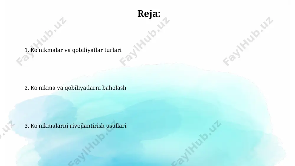 k va atrof-muhit omillarining ta'siriga bog'liq; masalan, matematik qobiliyat tug'ma bo'lishi mumkin, lekin ingliz tili qobiliyati 10 yil davomida angliyada yashash orqali rivojlanishi mumkin. ko'nikma va qobiliyatlarning rivojlanishi davom etadigan jarayon bo'lib, o'zbekistonning ta'lim tizimida 5 yillik o'qish davrida 10 dan ortiq ko'nikma va qobiliyatlarni rivojlantirishga qaratilgan kurslar mavjud. ko'nikmalarni rivojlantirish usullari o'zbekistonning 5 ta yirik shaharlarida joylashgan 10 ta trening markazlarida ko'nikmalarni rivojlantirish bo'yicha 3 oylik intensiv kurslar mavjud bo'lib, ular amaliy mashg'ulotlar va 70% dan ortiq qo'llanma ishlaridan iborat. aqshning stanford universiteti tadqiqotlari shuni ko'rsatdiki, 4 soatlik muntazam mashqlar va vizualizatsiya orqali xotira hajmini 20% ga oshirish va muammolarni hal qilish qobiliyatini 15% ga yaxshilash mumkin. zamonaviy dunyoda talab qilinadigan ko'nikmalar oʻzbekistondagi it sohasi tez rivojlanmoqda va 2025-yilga kelib, dasturlash, ma’lumotlarni tahlil qilish va sun’iy intellekt sohalarida 10 mingdan ortiq malakali mutaxassisga boʻlgan ehtiyoj ortadi. zamonaviy dunyoda muvaffaqiyatli boʻlish uchun 21-asr koʻnikmalari, masalan, muammolarni hal qilish, kritik fikrlash …