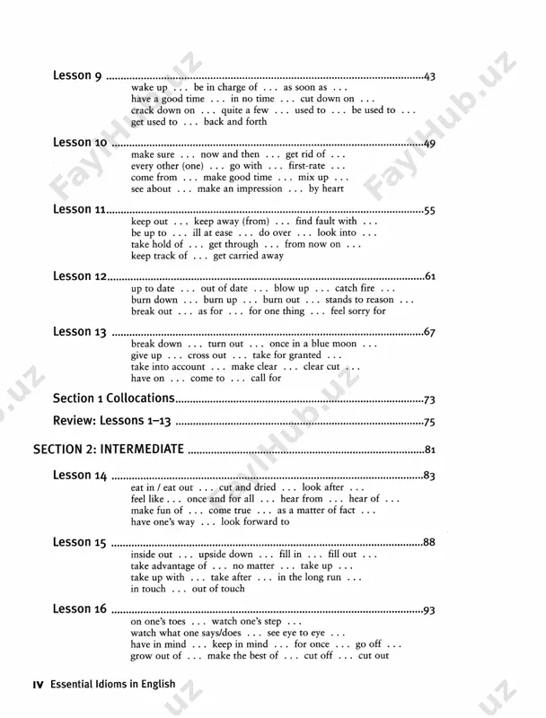 for granted ... take into account . . . make clear . . . clear cut ... have on . . . come to . . . call for section 1 collocations ...................................................................................... 73 review: lessons 1-13 ...................................................................................... 75 section 2: intermediate .................................................................................. 81 lesson 14 ............................................................................................................ 83 eat in i eat out . . . cut and dried . . . look after .. . feel like . . . once and for all . . . hear from . . . hear of make fun of . . . come true . . . as a matter of fact have one's way . . . look forward to lesson 15 ............................................................................................................ 88 inside out . . . upside down . . . fill in . . . fill out .. . take advantage of . . . no matter . . . take up .. . take up …