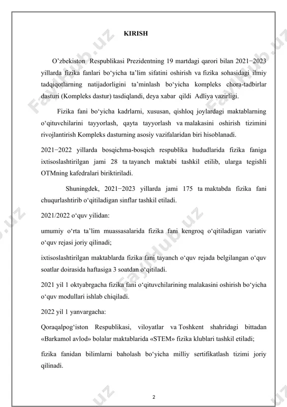 hirish bo‘yicha o‘quv modullari ishlab chiqiladi. 2022 yil 1 yanvargacha: qoraqalpog‘iston respublikasi, viloyatlar va toshkent shahridagi bittadan «barkamol avlod» bolalar maktablarida «stem» fizika klublari tashkil etiladi; fizika fanidan bilimlarni baholash bo‘yicha milliy sertifikatlash tizimi joriy qilinadi. 2021/2022 o‘quv yilidan tajriba-sinov tariqasida 20 ta umumta’lim muassasasida «virtual laboratoriya» loyihasi ta’lim jarayoniga tatbiq etiladi. 2022 yil 1 sentyabrdan ixtisoslashtirilgan maktablarning fizika fani bo‘yicha milliy sertifikatlash tizimida maksimal ballning 70 va undan yuqori foizini to‘plagan fizika fani o‘qituvchilariga bazaviy tarif stavkasiga nisbatan har oylik ustama haqi 50 foiz miqdorida to‘lanadi. 1 bob radiotexnik qurilmalardagi raqamli sxemalarning analitik tahlili 1.1. radiotexnik qurilmalarning bipolyar tranzistorlar asosidagi raqamli sxemalari bipolyar integral sxemalar yordamida amaliyotda ko`p qo`llaniladigan an’anaviy radiotexnik qurilmalar tayyorlanishi mumkin. avval yarim o`tkazgichli bipolyar asboblarni, bazaviy sxemalarning xarakteristikalarini, shuningdek, ularning tuzilishini ko`rib chiqamiz. bipolyar tranzistorlar asosidagi sxemalarni hisoblashda ularning ishini to`liq baholashga imkon beruvchi bo`lak–to`g`ri chiziqli approksimatsiya usulidan foydalaniladi. bu usulning asosiy xususiyati shundaki, tranzistordagi …