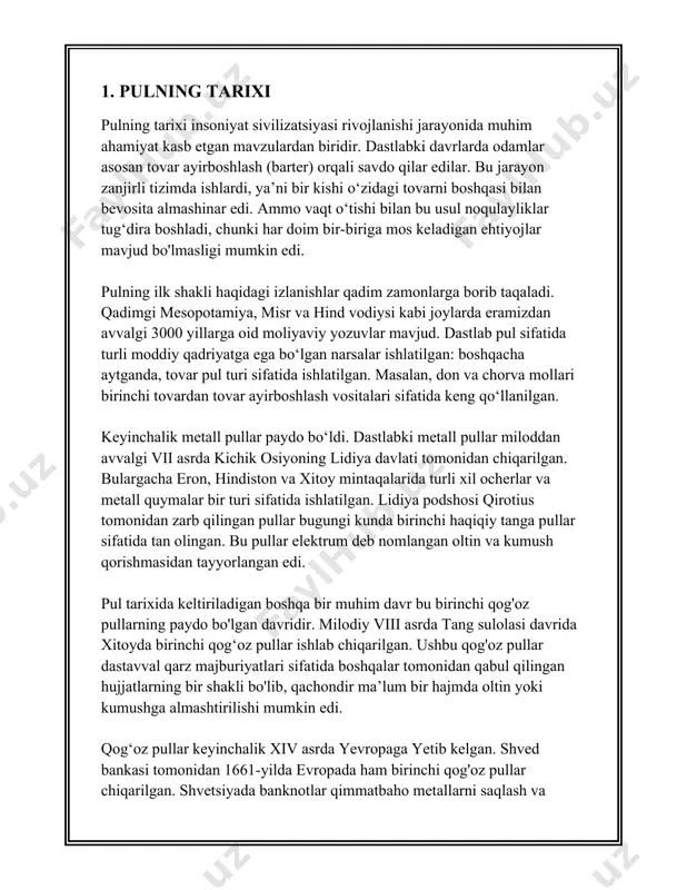 dalaniladi. bu tovarlarning to‘g‘ridan-to‘g‘ri ayirboshlash (barter) jarayonida yuzaga keladigan muammolarni hal qilish imkoniyatini beradi. 3. **qiymatni saqlovchi vosita**: pul qiymatni vaqt bo‘yi saqlashga imkon beradi. bu funksiyani bajarish uchun pul mustahkamlik va ishonchlilikni saqlashi kerak. inflyatsiya va boshqa iqtisodiy omillar bu funksiyaning samaradorligiga ta'sir ko‘rsatishi mumkin. 4. **to‘lov vositasi**: pul majburiyatlar va qarzlarni to‘lashda vosita sifatida foydalanuvchan. masalan, shartnoma bo‘yicha pul to‘lovlari, kreditlarning to‘lanishi va boshqa majburiyatlar pulning to‘lov vositasi sifatida ishlatilishini taqdim etadi. pulning bu funksiyalari iqtisodiyotda samarali resurs taqsimlanishi va iqtisodiy o‘sishni ta’minlaydi. pul ko‘lami va pul-kredit siyosati mamlakatning iqtisodiy holatini va makroiqtisodiy ko‘rsatkichlarining o‘sishini bevosita ta’sir qiladi. pul tizimining barqaror bo‘lishi iqtisodiyotni izchil rivojlantirish va inflyatsiyani nazorat qilishda muhim rol o‘ynaydi. pulning bu funksiyalari nafaqat milliy, balki xalqaro iqtisodiyotda ham o‘z ahamiyatini saqlaydi. valyuta kurslari, xalqaro savdo va investitsiyalar jarayonida ham pulning funktsional roli muhimdir. shu sababli, mamlakatlar orasidagi iqtisodiy aloqalar va global moliya bozorlari pul funksiyalari …