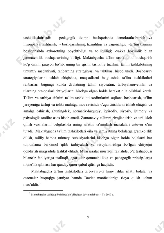 a uning sifatini ta'minlash masalalari ustuvor o'rin tutadi. maktabgacha ta’lim tashkilotlari oila va jamiyatning bolalarga g‘amxo‘rlik qilish, milliy hamda mintaqa xususiyatlarini hisobga olgan holda bolalarni har tomonlama barkamol qilib tarbiyalash va rivojlantirishga bo‘lgan ehtiyojni qondirish maqsadida tashkil etiladi. muassasalar mustaqil ravishda, o‘z tashabbusi bilano‘z faoliyatiga taalluqli, agar ular qonunchilikka va pedagogik prinsip-larga mone’lik qilmasa har qanday qaror qabul qilishga haqlidir. maktabgacha ta’lim tashkilotlari tarbiyaviy-ta’limiy ishlar sifati, bolalar va otaonalar huquqiga jamiyat hamda davlat manfaatlariga rioya qilish uchun mas’uldir.[footnoteref:2] [2: maktabgacha yoshdagi bolalarga qo’yiladigan davlat talablari – t.: 2017 y. ] maktabgacha ta’lim uyg’un rivojlangan shaxsni tarbiyalash, bolani butun kelajagini belgilab beradigan bilim va qadriyatlarni yosh avlod qalbiga singdirishda juda muhim ahamiyatga ega bo’lgan muassasadir. o’yin maktabgacha ta’lim yoshidagi bolalarning asosiy faoliyati bo’lib, u orqali bola shaxs sifatida shakllanadi. o’yin bolaning o’quv, mehnat faoliyati, kishilarga munosabatning qay darajada shakllanganligimi belgilab beradi. o’yin bolalarning jismoniy rivojlanishi, maktabgacha ta’lim muassasasining ta’lim-tarbiya ishida, bolalarni …