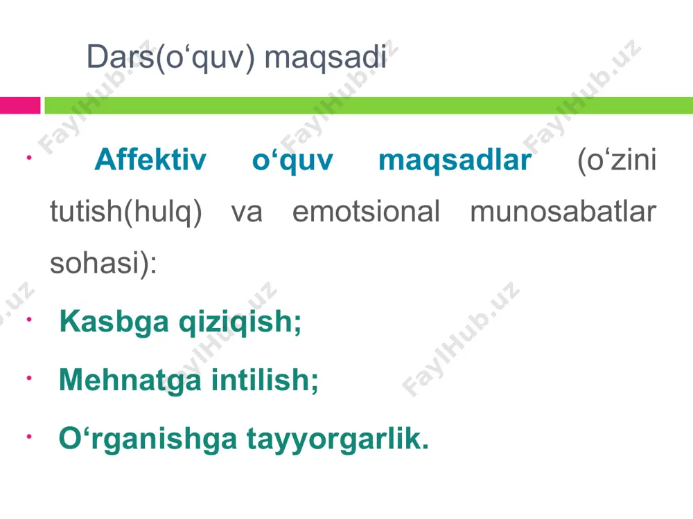 dars suhbatlarni boshqarish(moderatsiya)ni misol tarzida ko‘rib chiqamiz: amaliy dars(moderatsiya) moderatsiya usuli guruh suhbatlarini boshqarish usullarining (muloqot usullari va savol qo’yish usullarini) muammolarini maxsus vizuallashtrish usulini qoʻllash orqali hal qilish bilan bogʻlaydi. bu usul “meta reja usuli” sifatida tanilgan. amaliy dars(moderatsiya usuli) bu usul ayniqsa, guruhiy bahs-munozaralar doirasida biror mavzu boʻyicha fikr-mulohazalarni to‘plab olish, muammolarni yoritish, qaror takliflarini ishlab chiqish va loyihalarni rejalashtirish uchun ishlatiladi. moderatsiyaning natijasi ko‘pincha taqdimot boʻladi. bu usul cheklangan bir miqdorda qoʻllanilishi mumkin. kerakli jihozlar: pinboard qogʻozlari, turli rang karta-sxemalar, qalin yozadigan flomasterlar, steplerlar 3.ustaxonada o‘tkaziladigan amaliy dars birinchi holatda oʻquvchilar ustaxonalar, ish joyi, shaxslar va holatlar bilan tanishtiriladilar va bir paytning oʻzida to‘g‘ri va atrof-muhitga taʻsir etmaydigan faoliyat, mehnat xavfsizligi choralari, sogʻliqni saqlash va energiya tejab ishlatish haqida xabardor qilinadilar. ushbu amaliy darsni olib borish paytida qoida va muayyan tartiblar muhokama qilinishi kerak. nazorat darslarini o‘tkazish topshiriqlar va testlar yordamida maqsad: bilimlar darajasini aniqlab olish nazorat …