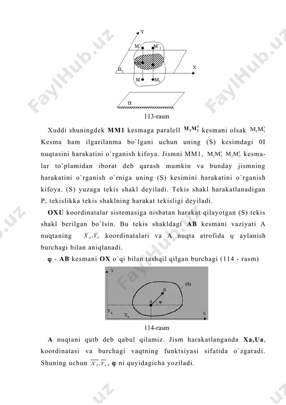 a - ust tushadi. jism esa ii holatini egallaydi. xuddi shu yo`l bilan jismni ii holatdan iii holatga va xokazo keltirish mumkin. demak, qattiq jismning tekis parallel harakati ilgarilanma va aylanma harakatlarning yig`indisidan iborat. 115-rasm ilgarilanma harakat tenglamasi aylanma harakat tenglamasi. teoremani boshqacha usulda quyidagichi isbotlaymiz (115 rasm) jismga shunday ilgarilanma ko`chish beramizki natijada bi nuqta b2 bilan ustma ust tushsin a1 nuqta esa a1 holatni egallasin a1b1 a1b2 bo`ladi. agar tekis shaklni b2 nuqtadan o`tuvchi o`q atrofida ,b2,a2=( burchakka bursak a1b2 kesma a1, b2=a2b2, bo`lganligi uchun a1 b2 bilan ustma -ust tushadi tekis shakl esa ii holatini egallaydi a2 yoki b2 nuqtalarga qutb deb ataladi. teoremani isbotidan ko`ramizki tekis shaklni ilgarilanma ko`chishi qutbni tanlab olishga bog`liq bo`ladi. haqiqatdan ai nuqtani holati i holda a1a2 ii holda a1 bo`ladi. a1a2 (a1 aylanish burchagi ( esa qutbni tanlab olishga bog`liq bo`lmaydi. qattiq jismning istalgan nuqtasining tezligini qutb usulida aniqlash. teorema: tekis …