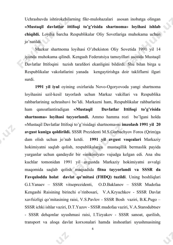 ijtimoiy-siyosiy vaziyat yanada taranglashdi. mamlakatdagi siyosiy kuchlar vaziyatga turlicha munosabat bildirdilar. qaltis vaziyatda 1991 yil 19 avgustda o’zbekiston prezidenti i.a.karimov hindistonga qilgan rasmiy tashrifidan qaytib keldi va toshkent shahri faollari bilan uchrashuv o’tkazdi. uchrashuvda prezident o’zbekistonning nuqtai nazarini bildirib, respublikamizda favqulodda holat joriy etishga hojat yo’qligi, o’zbekistonda vaziyat barqarorligi, qonunga xilof ko’rsatmalar bajarilmasligini qat’iy ta’kidladi. 1991 yil 20 avgust kuni toshkentda o’zbekiston ssr oliy kengashi rayosati va o’zbekiston prezidenti huzuridagi vazirlar mahkamasining qoraqalpog’iston, viloyatlar va toshkent shahar rahbarlari ishtirokidagi qo’shma majlisi bo’lib o’tdi. majlis mamlakatda vujudga kelgan vaziyatni muhokoma qilib, bayonot qabul qildi. bayonotda o’zbekiston respublikasining tinch vaqtda kuch, avvalo, harbiy kuch ishlatishga qarshi ekanligi ta’kidlandi. unda tinchlik, osoyishtalikni saqlash va mustahkamlash, har qanday ig’vogarona harakatlarning oldini olish, hamma joyda qattiq intizom va tartibni saqlash, mish-mishlar va ehtiroslarga berilmaslik vazifalari ilgari surildi. bayonotda o’zbekiston davlat mustaqilligi to’g’risidagi deklaratsiya qoidalarini og’ishmay va izchil amalga oshirish yo’lidan boraveradi, deb ko’rsatildi. 1991 yil …