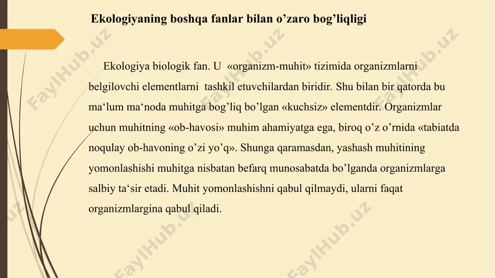 3-bet). ekologiya, evolyutsion biologiya, genetika va poleontologiya tutash kelgan joyda evolyutsion ekologiya vujudga kelgan bo’lsa, tarixiy geologiya, paleogeografiya va paleoklimatologiyalar tutashgan joyda paleoekologiya vujudga keldi. ekologiyaning rivojlanish tarixi. inson paydo bo’lganidan beri ekologiya bilan shug’ulanadi. hayot tabiat dialektikasi asosida rivojlanishiga tarix guvohdir. shuning uchun ham jamiyat va tabiat birligini noto’g’ri baholash unga nisbatan zid harakatlar qilish jamiyatda tuzatib bo’lmas hodisalarni keltirib chiqarishi mumkin. bu jarayonni to’g’ri tushunish uchun ekologiya fanini o’rganish lozim. ingliz olimi djulian xaksli (1972) ma‘lumotlariga ko’ra, yerda hayot 2700 000000 yil oldin paydo bo’lgan bo’lsada, insonning tabiatga faol ta‘siri kichik osiyoda 10000 yil oldin boshlangan yoki boshqacha qilib aytganda, neolit, ya‘ni yangi tosh asri davridan (piter farb, 1971) oldin boshlangan. chex olimi ya.yelinek (1982) ma‘lumotlari bo’yicha yaqin sharqda eramizgacha bo’lgan 8-7 ming yillarda shaharlar mavjud bo’lib, suyakka ishlov berish texnikasi mavjud edi. v.s.altunin va a.s.shulyak (1991) kabilarga ko’ra, insonning tabiiy muhitga faol ta‘siri mezolit (eramizgacha 10-5 ming …