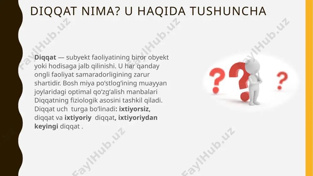 fa qanchalik murakkab bo‘lsa, diqqatning jadalligi va zo‘riqishi shunchalik kuchli bo‘lishi kerak, ya’ni, bunda faoliyatga chuqur kirib borish talab etiladi. ikkinchi tomondan, jamlanganlik boshqa yot narsalardan chalg‘ish bilan bog‘liq. aks holda, yot narsalardan chalg‘iy olmay qolsangiz, vazifani bajarishingiz qiyinlashadi. yo‘nalganlik va jamlanganlik bir-biri bilan o‘zaro uzviy bog‘liq. diqqatingizni biror-bir narsaga yo‘naltiradigan bo‘lsangiz, bir vaqtning o‘zida diqqatingizni unda jamlagan bo‘lasiz. va aksincha, biror-bir narsada jamlansangiz, o‘z ruhiy faoliyatingizni unga yo‘naltirgan bo‘lasiz. diqqatning yo‘nalganligi bir mashg‘ulotdan ikkinchisiga o‘tish bilan, jamlash esa – mashg‘ulotda chuqurlashish bilan bog‘liq. diqqatning nerf-fiziologik asoslari diqqat boshqa psixik jarayonlar qatori ma’lum fiziologik hodisalar bilan bog‘liq. ma’lum yo‘nalishdagi alohida qo‘zg‘atuvchilarni ajratish va jarayonlar kechishining fiziologik asosini ba’zi nerv markazlarining qo‘zg‘alishi, boshqalarining esa tormozlanishi tashkil etadi. odamga ta’sir ko‘rsatayotgan seskantiruvchi retikulyar formatsiya tomonidan amalga oshiriladigan miya faollashishini yuzaga keltiradi [1]. retikulyar formatsiyaning «ishga tushirish» mexanizmlari ichida taxminiy refleksni alohida ta’kidlab o‘tish joiz, bu refleks odam v hayvon organizmlarining atrof-muhitning barcha …