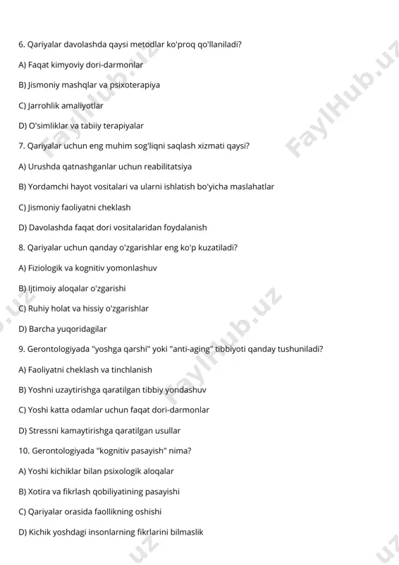 gi insonlarning fikrlarini bilmaslik 11. qariyalarda ko'pincha uchraydigan jismoniy kasalliklar qaysilar? a) yuqumli kasalliklar b) surunkali kasalliklar (masalan, yurak-qon tomir kasalliklari, diabet) c) psixologik kasalliklar d) hech biri 12. qariyalar ijtimoiy izolyatsiyaga duchor bo'lishi sabablari qaysilar? a) sog'liqni yo'qotish b) yolg'izlik va oilaviy aloqalar c) jismoniy faoliyatning kamayishi d d) barcha javoblar to'g'ri 13. gerontologiyaning psixologik yo'nalishida qanday asosiy tushunchalar mavjud? a) xotira, diqqat, va intellektual faoliyat b) jismoniy sog'liq va shaxsiy farovonlik c) ijtimoiy aloqalar va stressni boshqarish d) barcha yuqoridagilar 14. qariyalarda kuchli stress va depressiya ko'proq qanday holatlarda kuzatiladi? a) yoshi kichik bolalar bilan aloqada bo'lish b) ijtimoiy aloqalarni yo'qotish va yolg'izlik c) faqat tibbiy yordam olishda d) tashqi muhitdagi yomon o'zgarishlar 15. gerontologiyada "geriatriya" nima? a) yoshi kattalarning psixologik holati b) qariyalarni davolash va reabilitatsiya qilish tibbiy soha c) qariyalar uchun sport faoliyati d) o'smirlar va yoshlar uchun psixologiya otira va kognitiv faoliyat. javoblar: 1.b 2.c …
