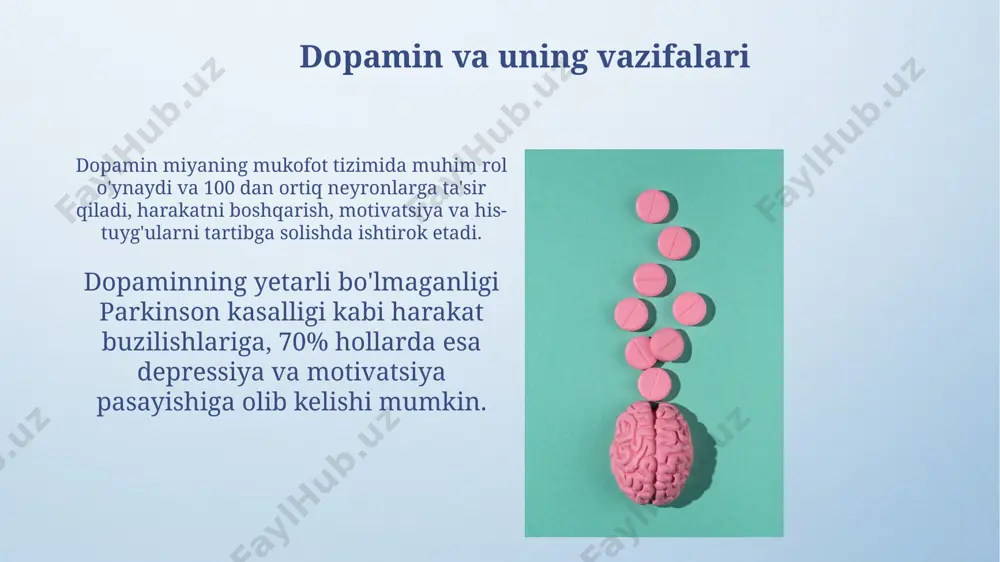 ndchilik va motivatsiyani kuchaytiradi. dopaminning yetarli darajasi 70% dan ortiq kognitiv funksiyalarni, shu jumladan, xotira va e'tiborni yaxshilashga yordam beradi. serotonin va uning vazifalari 5-ht reseptorlari deb ataluvchi 14 xil serotonin retseptorlari mavjud boʻlib, ularning har biri turli xil hujayralarda va turli xil funksiyalarda faollashadi, bu esa serotoninning keng qamrovli taʼsirini tushuntiradi. serotonin miya va ichak-qorin tizimida 95% dan ortiq miqdorda uchraydi, kayfiyatni tartibga solish, uyqu, ishtaha va ogʻriqni sezgirlik kabi juda koʻp funksiyalarni bajarishda muhim rol oʻynaydi. serotoninni oshiruvchi dorilar serotonin sindromi, serotoninni oshiruvchi dorilarning yuqori dozalarda qo'llanilishi natijasida yuzaga keladigan va 37°c dan yuqori tana harorati, mushaklarning qattiqlashuvi kabi alomatlar bilan namoyon bo'ladigan xavfli holat hisoblanadi. ba'zi serotoninni oshiruvchi dorilar, masalan, mao inhibitörleri, boshqa dori vositalari bilan o'zaro ta'sirga kirishib, gipertenziv kriz yoki serotonin sindromi kabi jiddiy asoratlarni keltirib chiqarishi mumkin. e'tiboringiz uchun rahmat @taqdimot_robot image4.png image5.jpg image6.jpg image7.jpg image8.jpg image9.jpg image10.jpg image11.jpg image12.jpg image13.jpg image14.jpg image15.jpg image16.jpg …